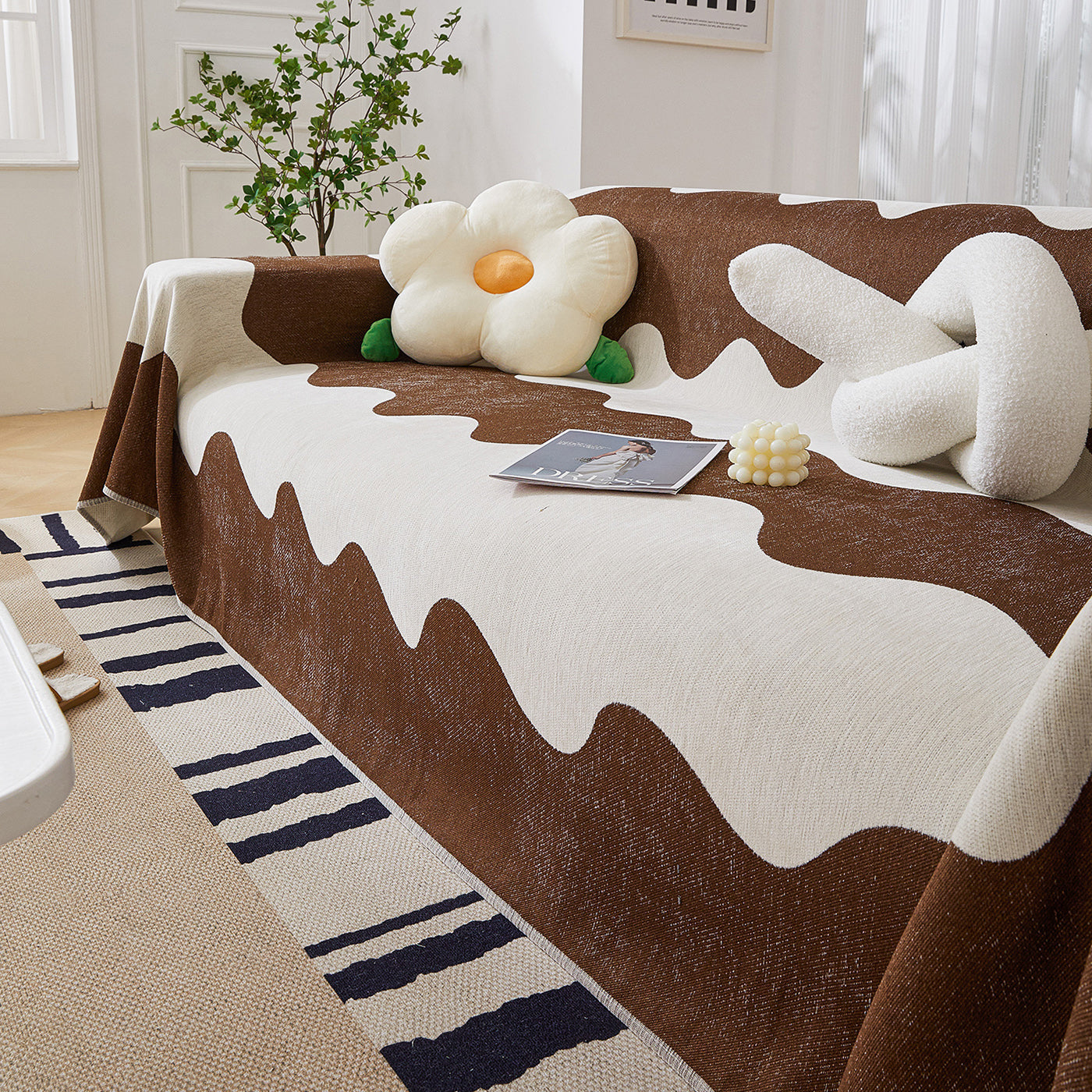 Chenille Minimalist Wavy Sofa Throw Cover, Cozy Blankets for Couch, Machine Washable Couch Protector