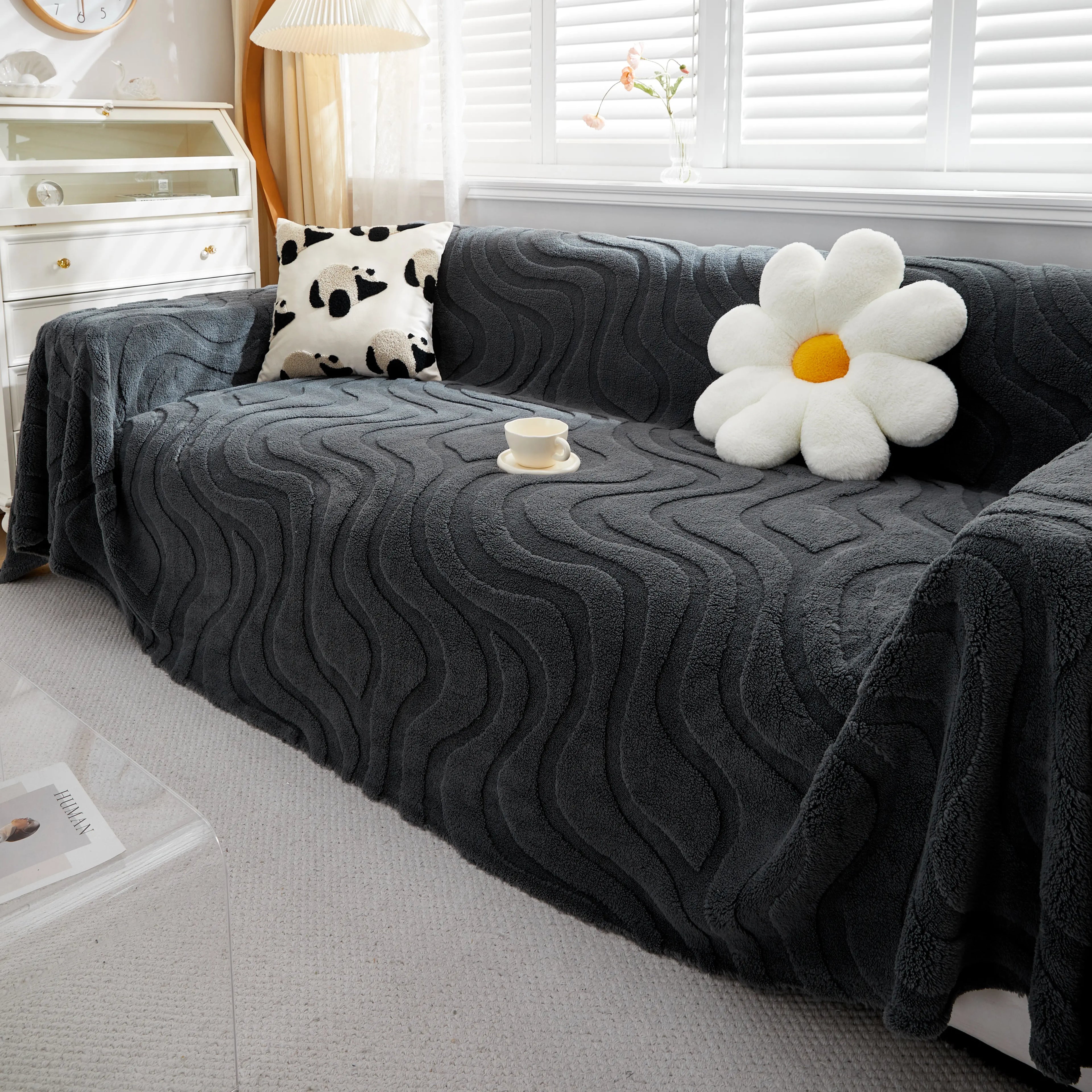 Thick Plush Jacquard Velvet Throw Blanket on Sofa, Sofa Slipcovers and Sectional Sofa Covers