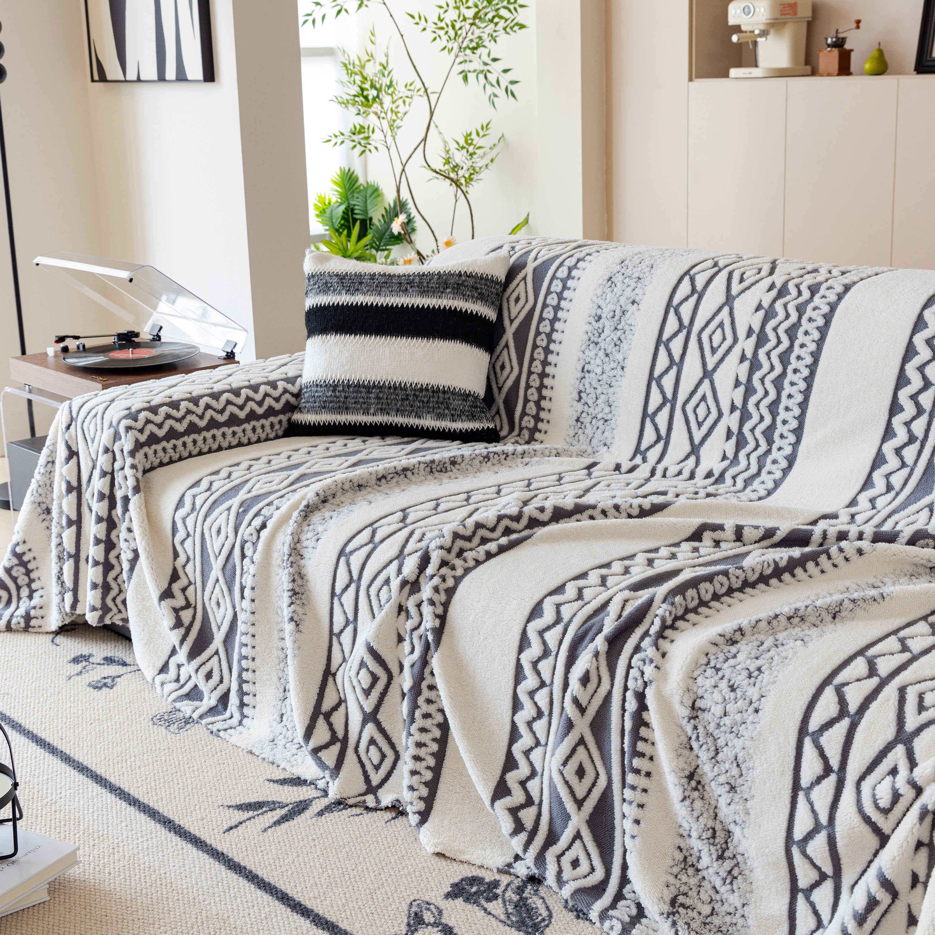 Bohemian Tufted Sofa Cover, Plush Fleece Throw Blanket with 3D Woven Aztec Stripes