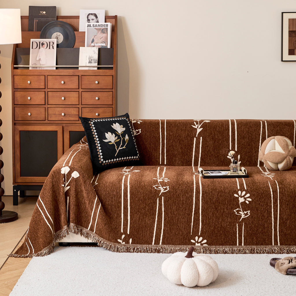 Chenille Jacquard Sofa Throw Cover with Tassel Soft Thick Couch Protector Blanket