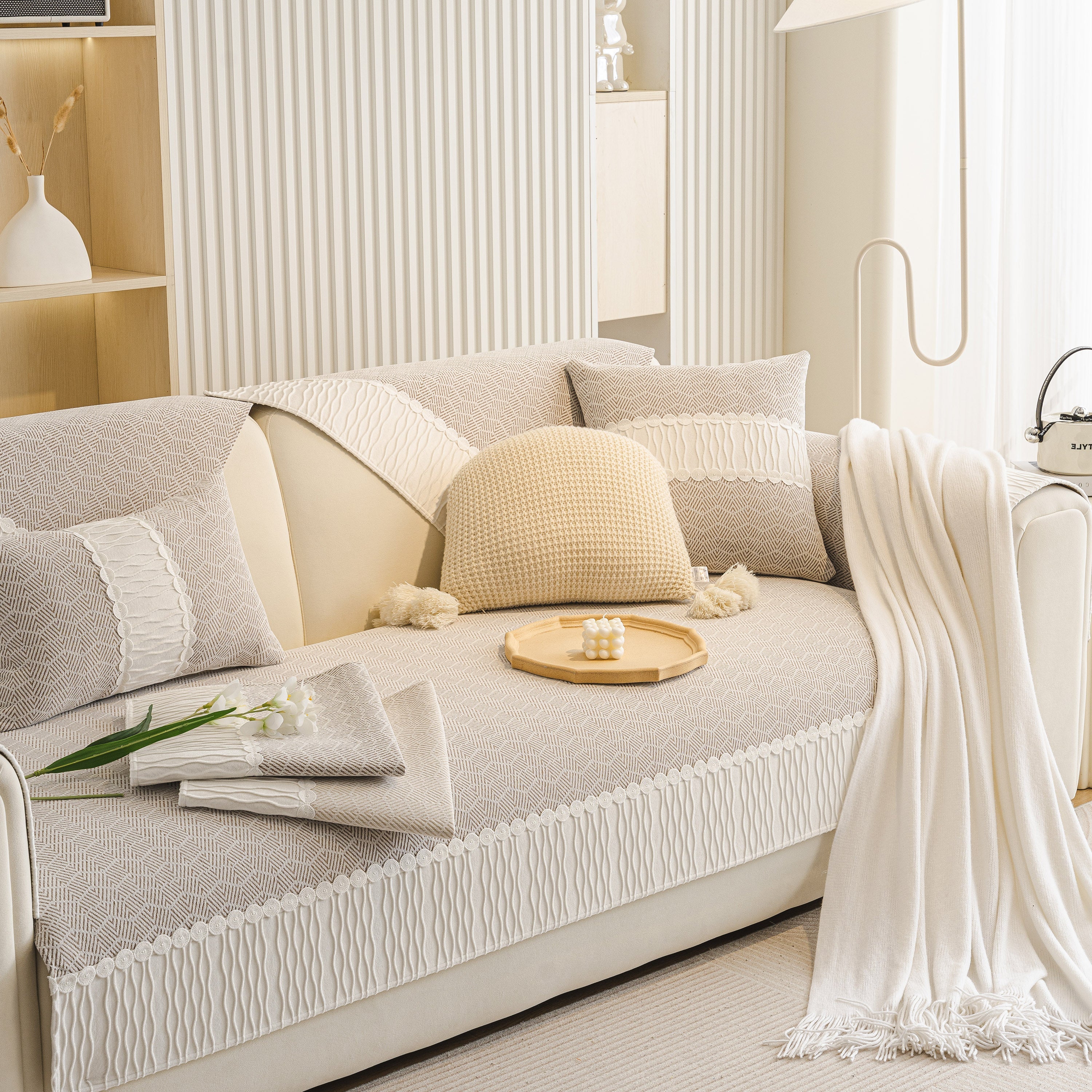 Herringbone Sofa Protector Cover, Non-Slip Couch Cover for Seat, Back & Arms