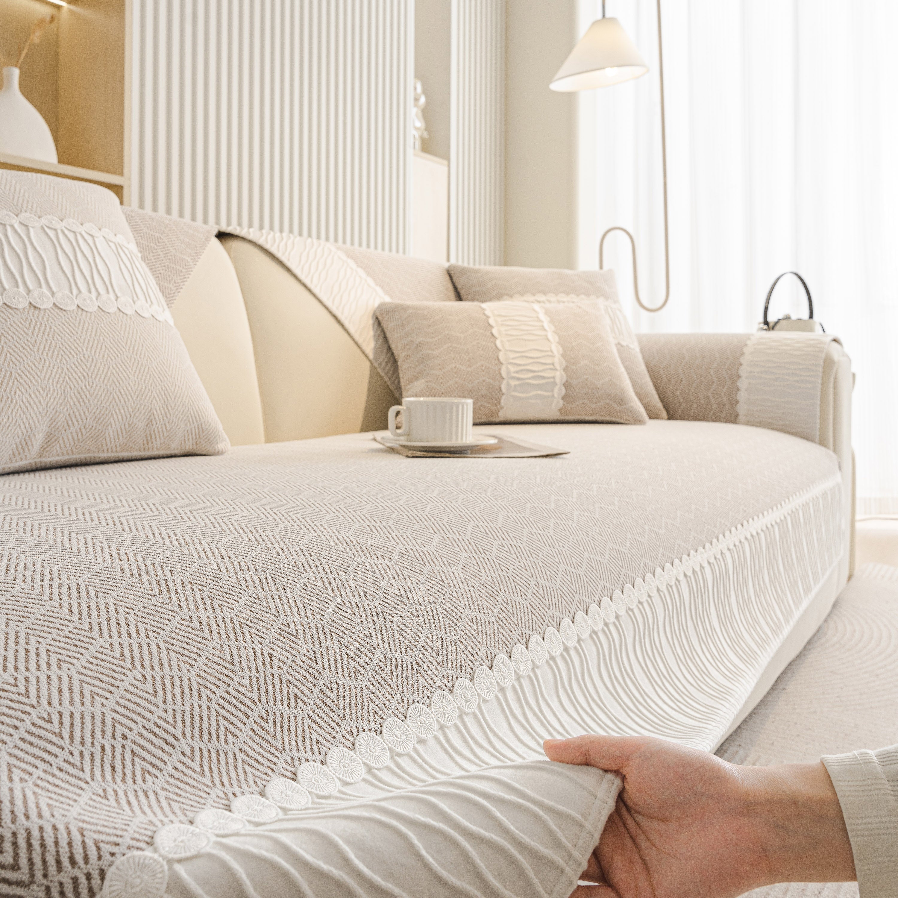 Herringbone Sofa Protector Cover, Non-Slip Couch Cover for Seat, Back & Arms
