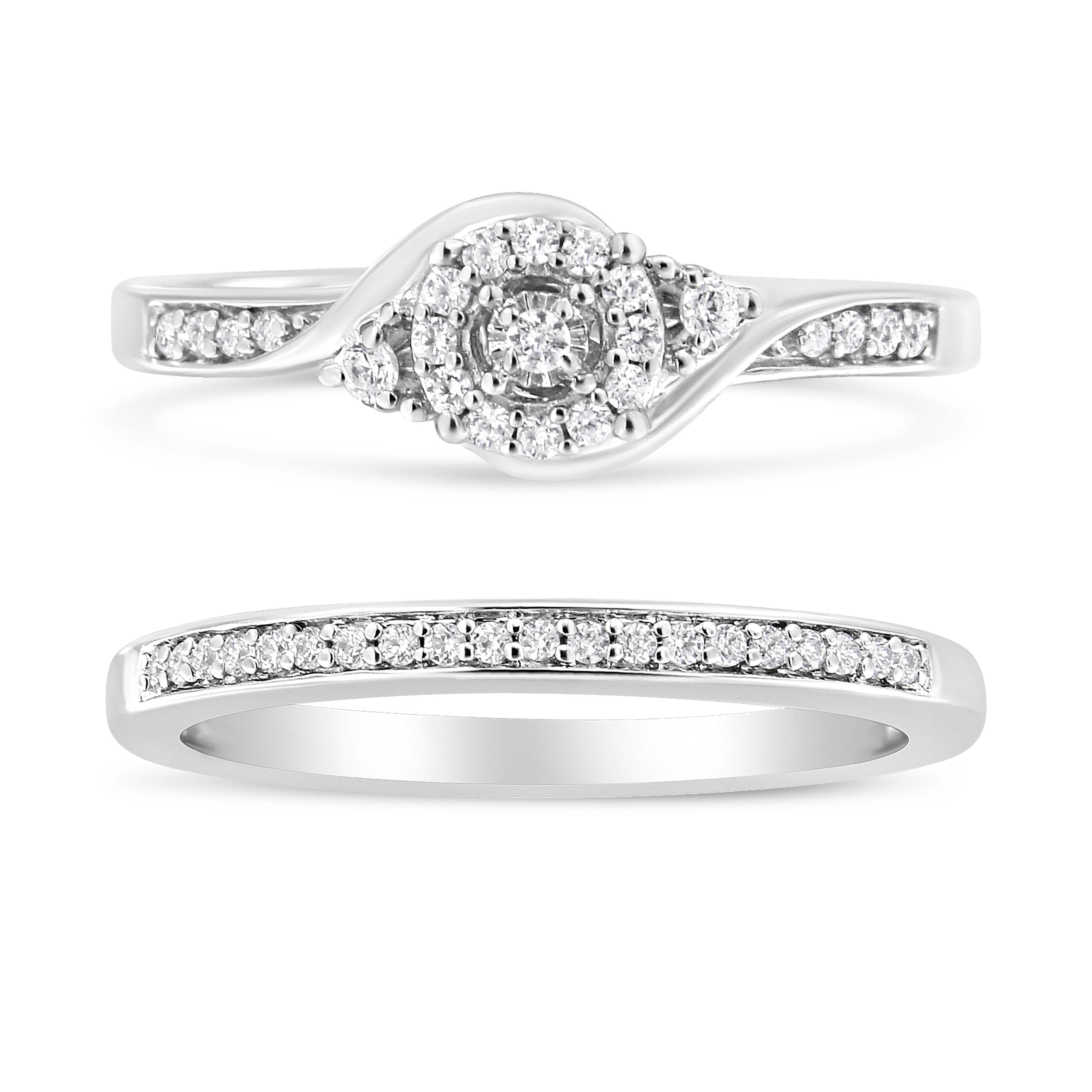 .925 Sterling Silver 1/4 Cttw Diamond Halo and Swirl Engagement Ring and Wedding Band Set (I-J Color, I3 Clarity)- Ring Size 7