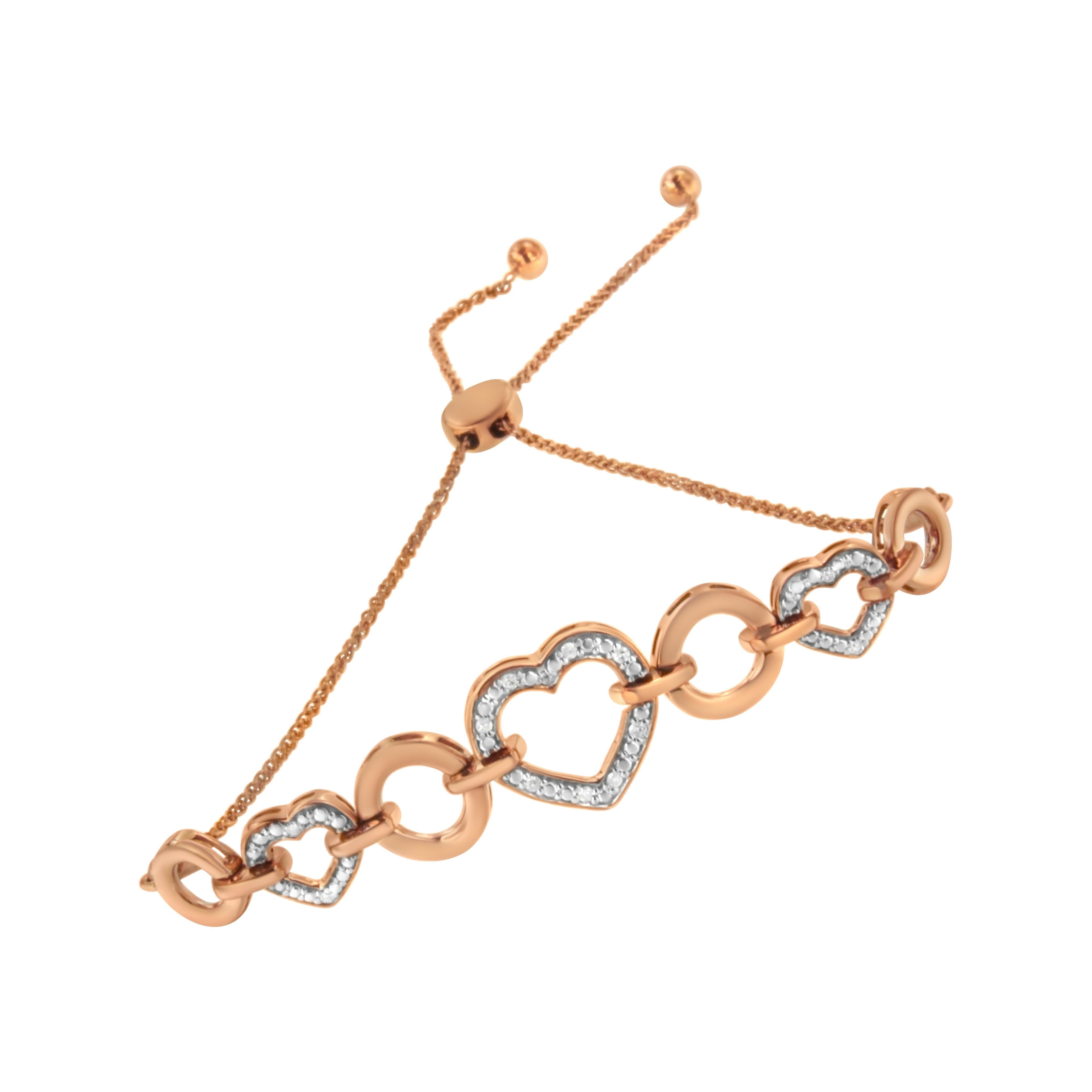 14K Rose Gold Plated .925 Sterling Silver Diamond Accent Circle and Heart Link Adjustable 6â€-10â€ Bolo Bracelet