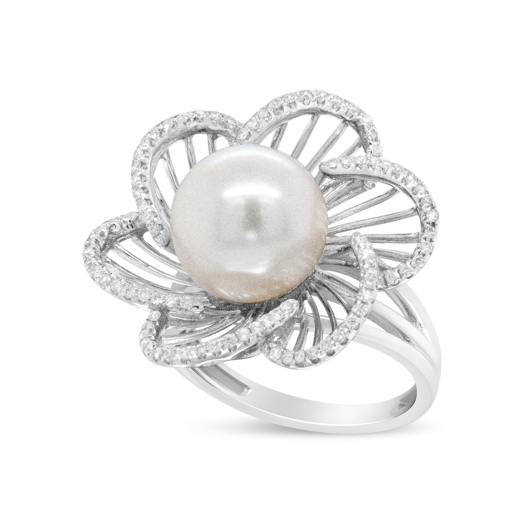 14K White Gold 11mm Round Pearl and 1/3 Cttw Round Diamond Openwork Flower Blossom Ring (H-I Color, VS1-VS2 Clarity) - Size 6.50