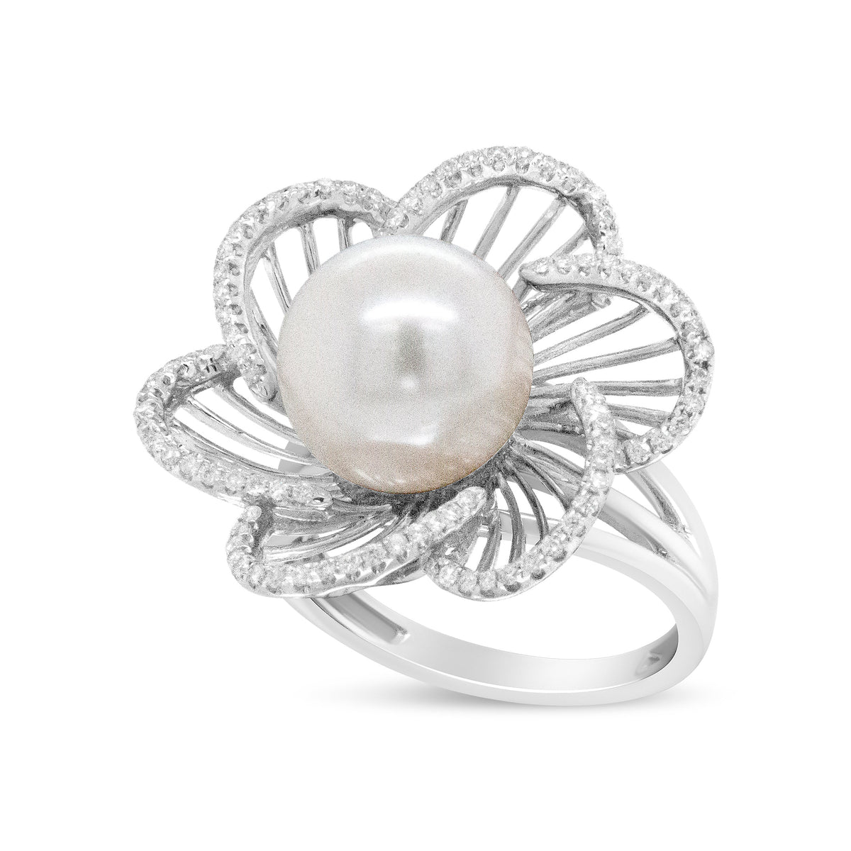 14K White Gold 11mm Round Pearl and 1/3 Cttw Round Diamond Openwork Flower Blossom Ring (H-I Color, VS1-VS2 Clarity) - Size 6.50
