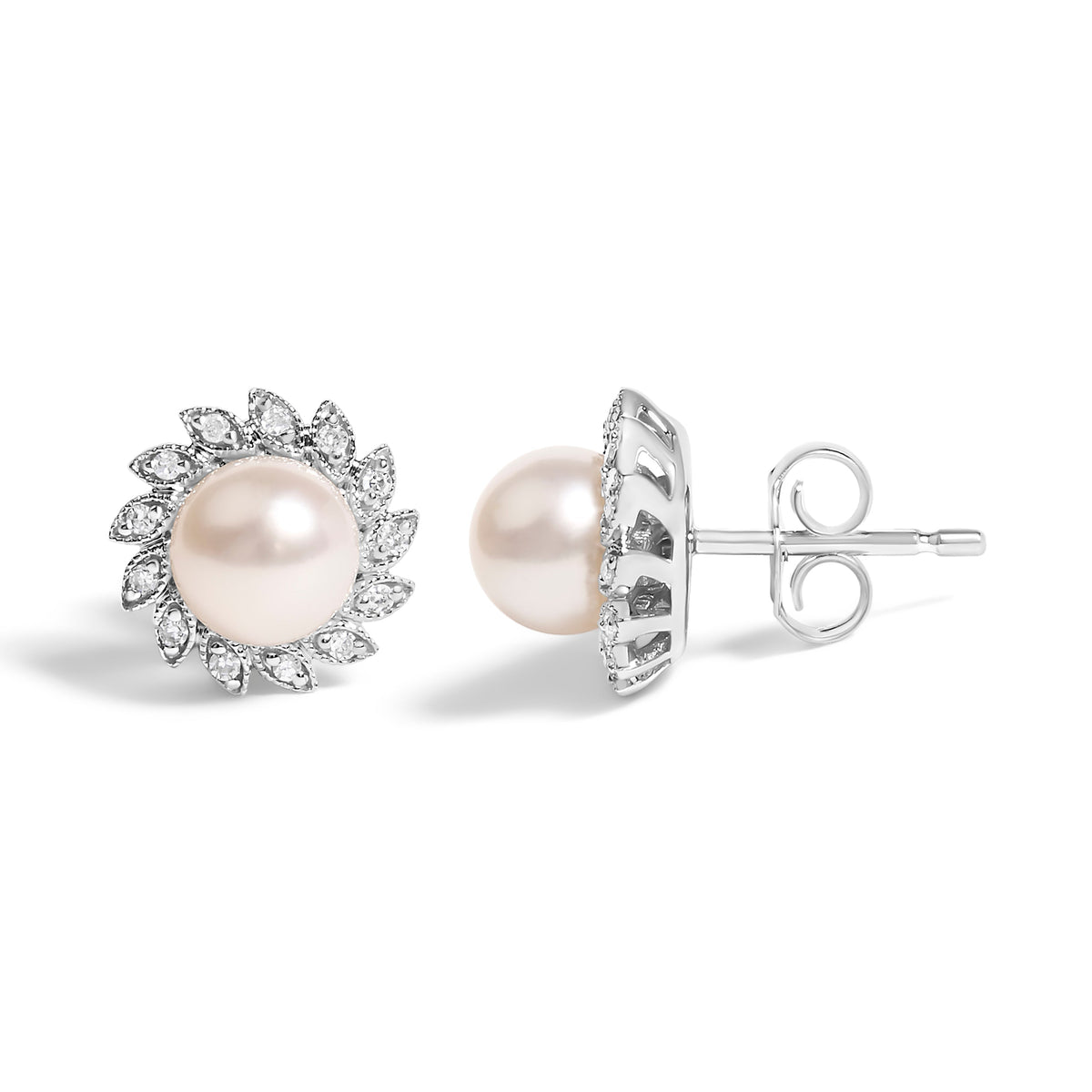 10K White Gold Heirloom-Style Pearl and Diamond Accent Halo Stud Earrings (I-J color, I1-I2 Clarity)