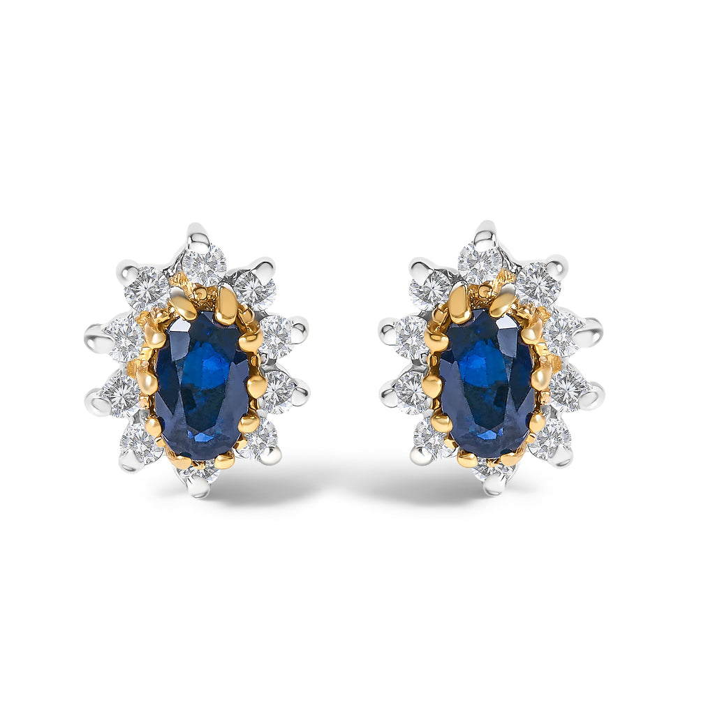 14K Yellow Gold 1/4 Cttw Diamond and Blue Sapphire Sunburst Halo Stud Earrings (K-L Color, I1-I2 Clarity)