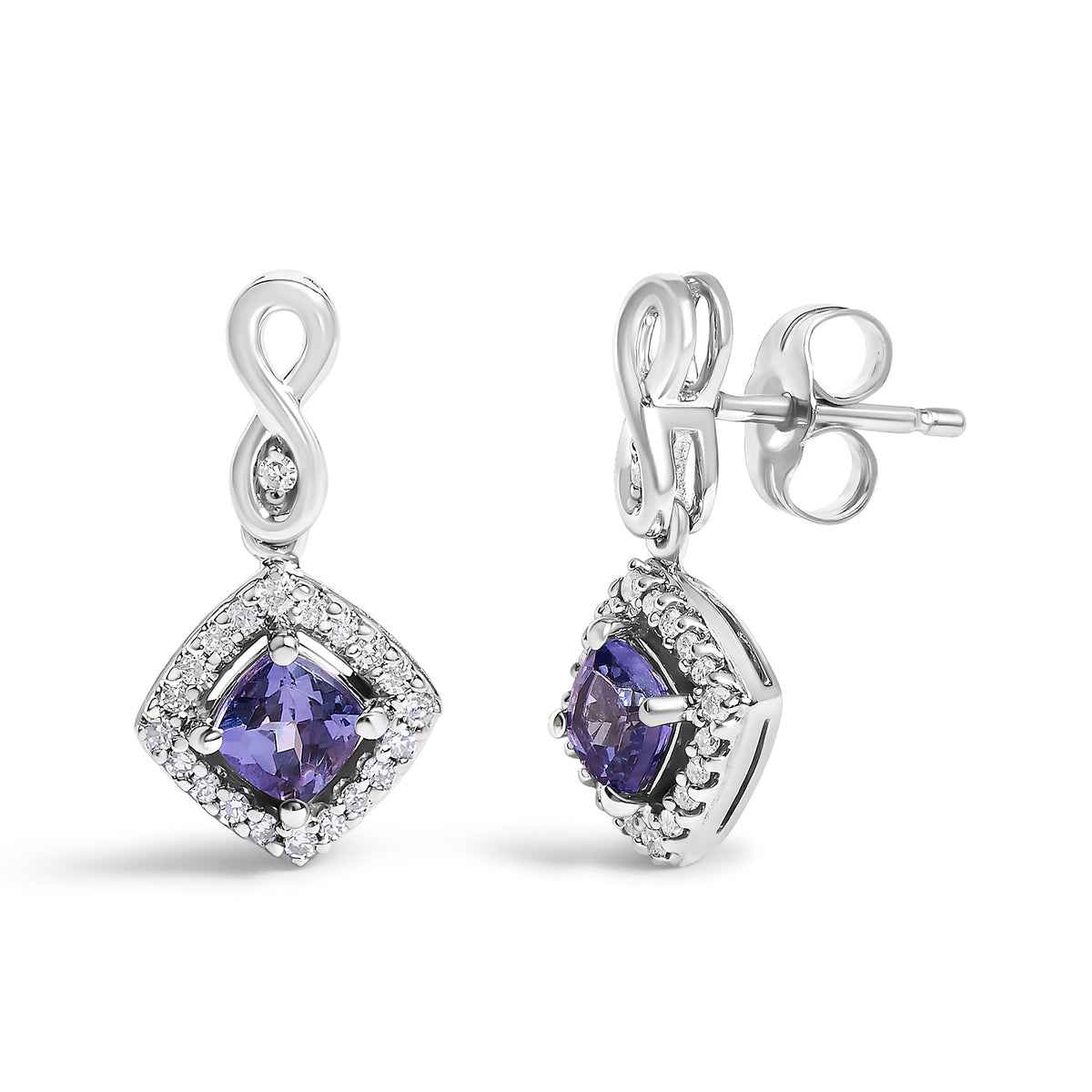 10K White Gold Blue Purple Tanzanite and Diamond Halo Cushion Shaped Drop Earrings (I-J Color, I1-I2 Clarity)