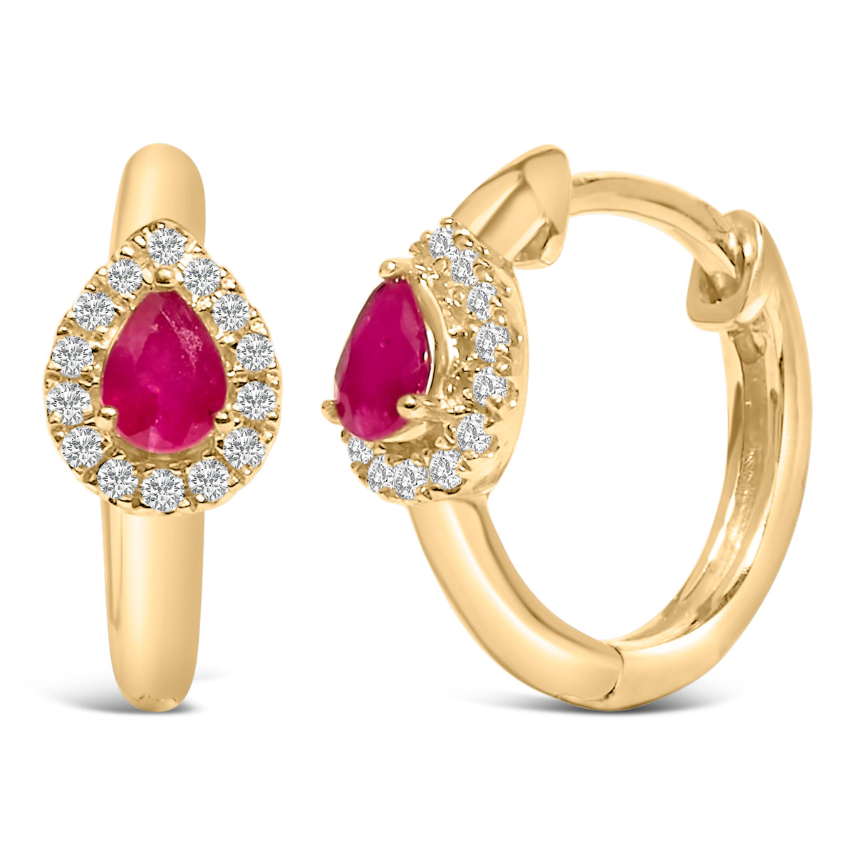 10K Yellow Gold Pear Cut Red Ruby 4x3 mm and 1/10 Cttw Round Diamond Huggy Earrings (I-J Color, I1-I2 Clarity)