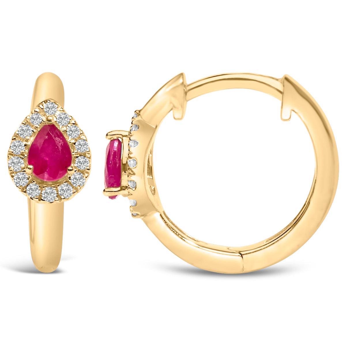 10K Yellow Gold Pear Cut Red Ruby 4x3 mm and 1/10 Cttw Round Diamond Huggy Earrings (I-J Color, I1-I2 Clarity)