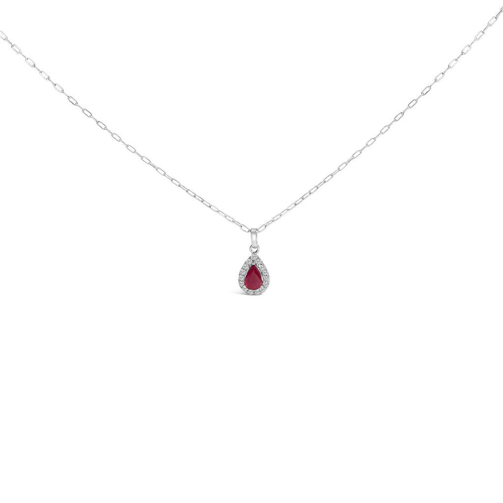 14K White Gold 6x4 Pear Red Ruby and Diamond Halo Pendant Necklace - 18" Inches
