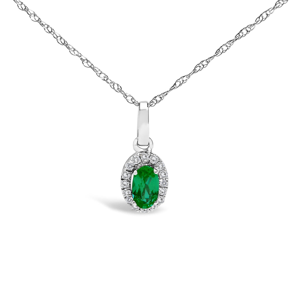 10K White Gold 5x3mm Green Emerald and Diamond Accent Halo Oval Shape 18" Pendant Necklace (I-J Color, I1-I2 Clarity)