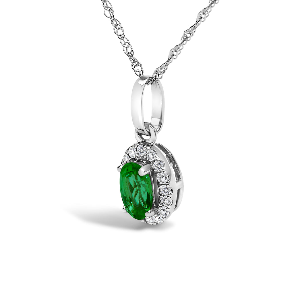 10K White Gold 5x3mm Green Emerald and Diamond Accent Halo Oval Shape 18" Pendant Necklace (I-J Color, I1-I2 Clarity)