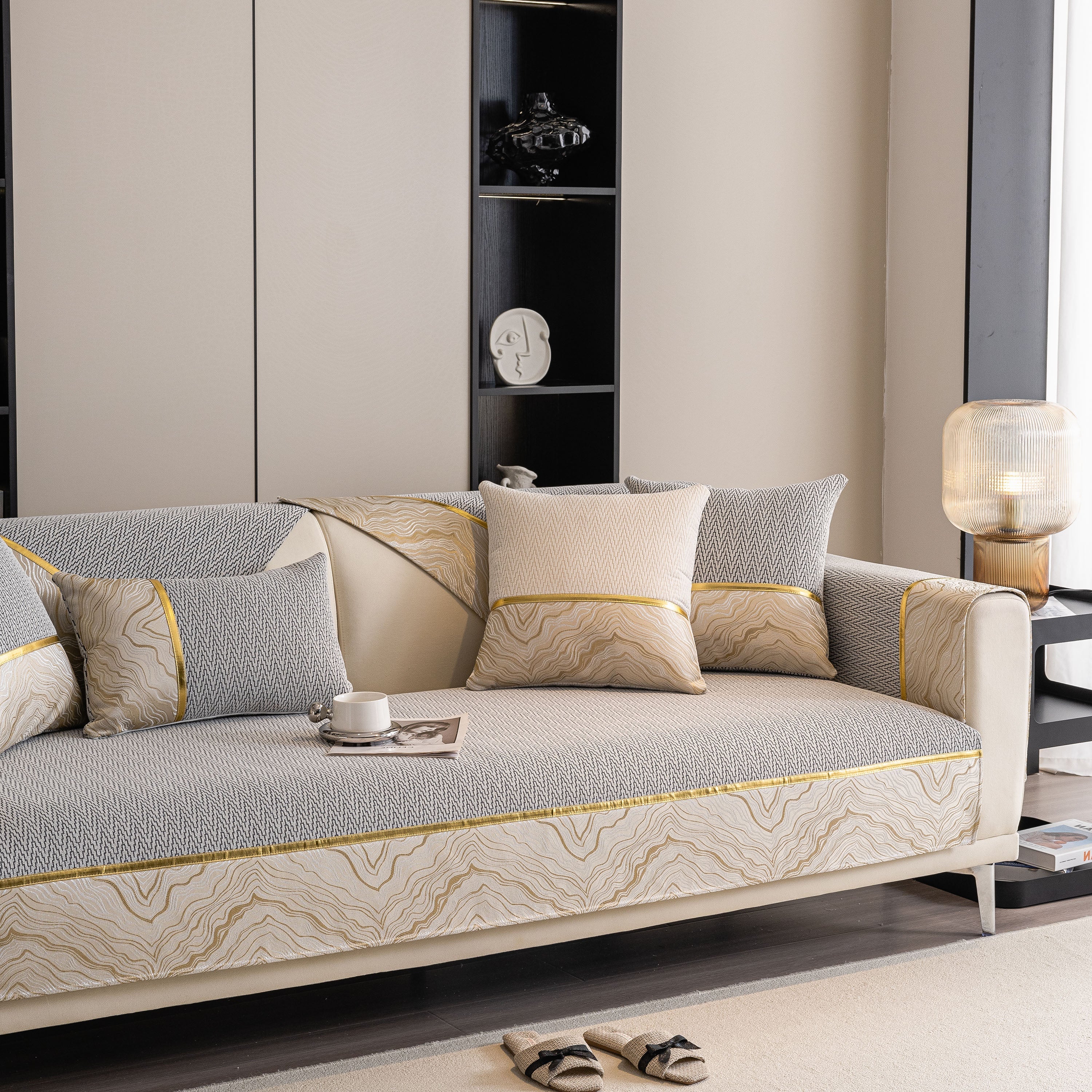 Non-Slip Couch Cover with Gold Trim, Sofa Slipcover for Sectional & Loveseat