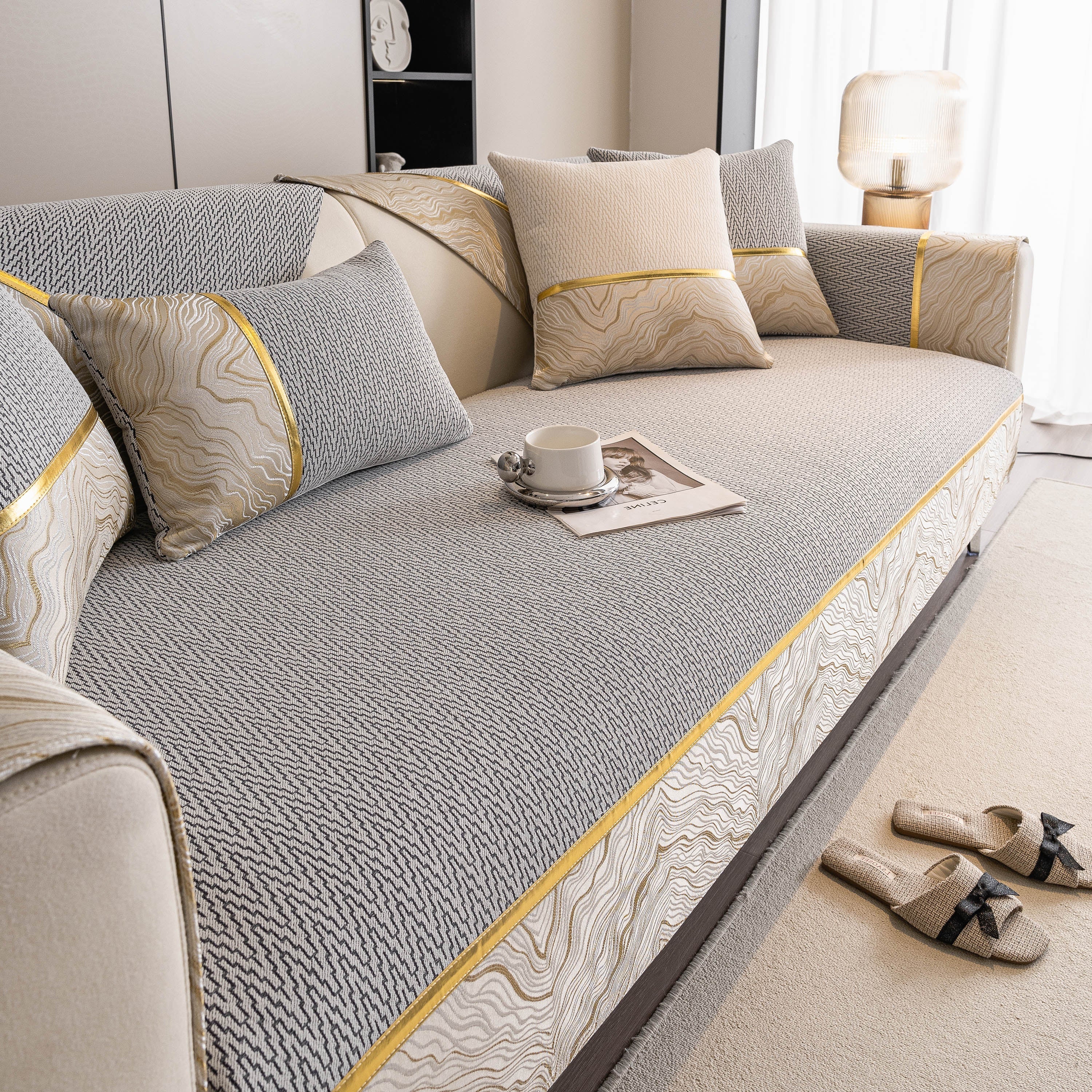 Non-Slip Couch Cover with Gold Trim, Sofa Slipcover for Sectional & Loveseat