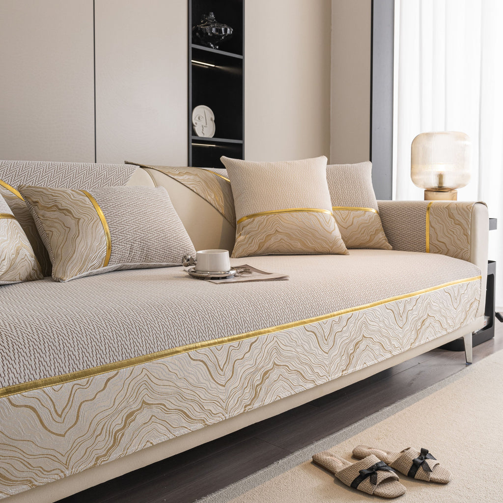 Non-Slip Couch Cover with Gold Trim, Sofa Slipcover for Sectional & Loveseat