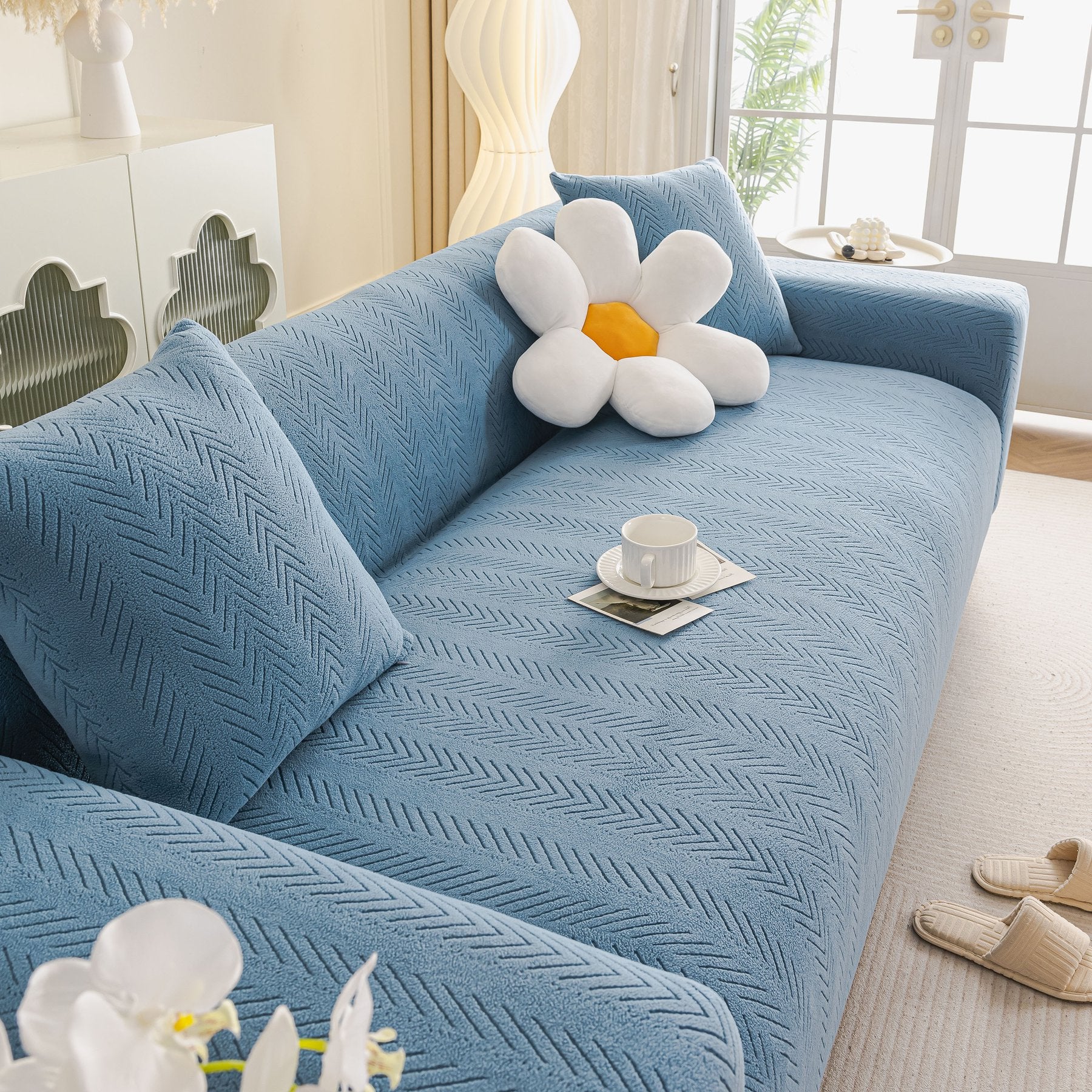 High Stretch Herringbone Textured Slipcover for Standard & L-Shaped Sectional Couches
