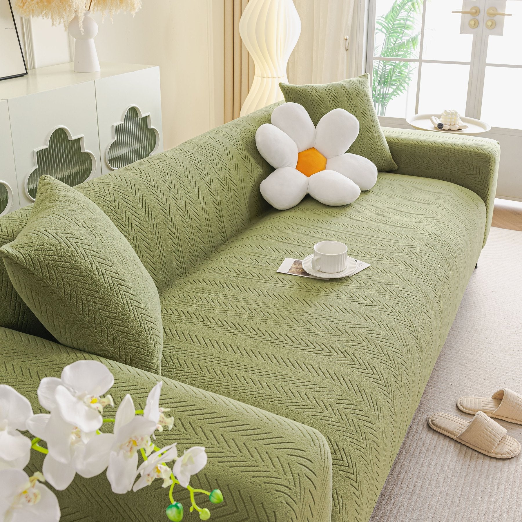 High Stretch Herringbone Textured Slipcover for Standard & L-Shaped Sectional Couches