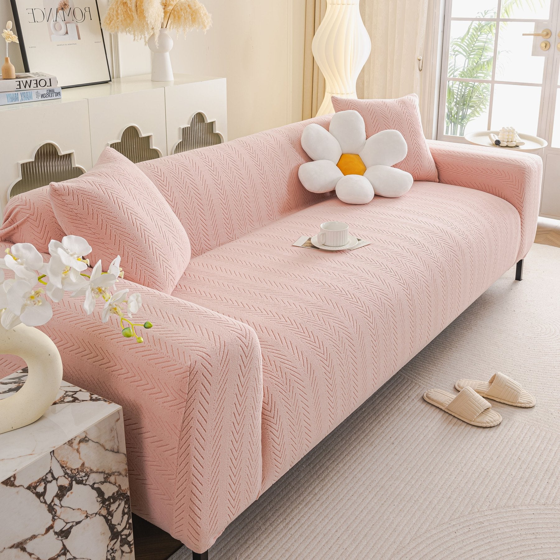 High Stretch Herringbone Textured Slipcover for Standard & L-Shaped Sectional Couches