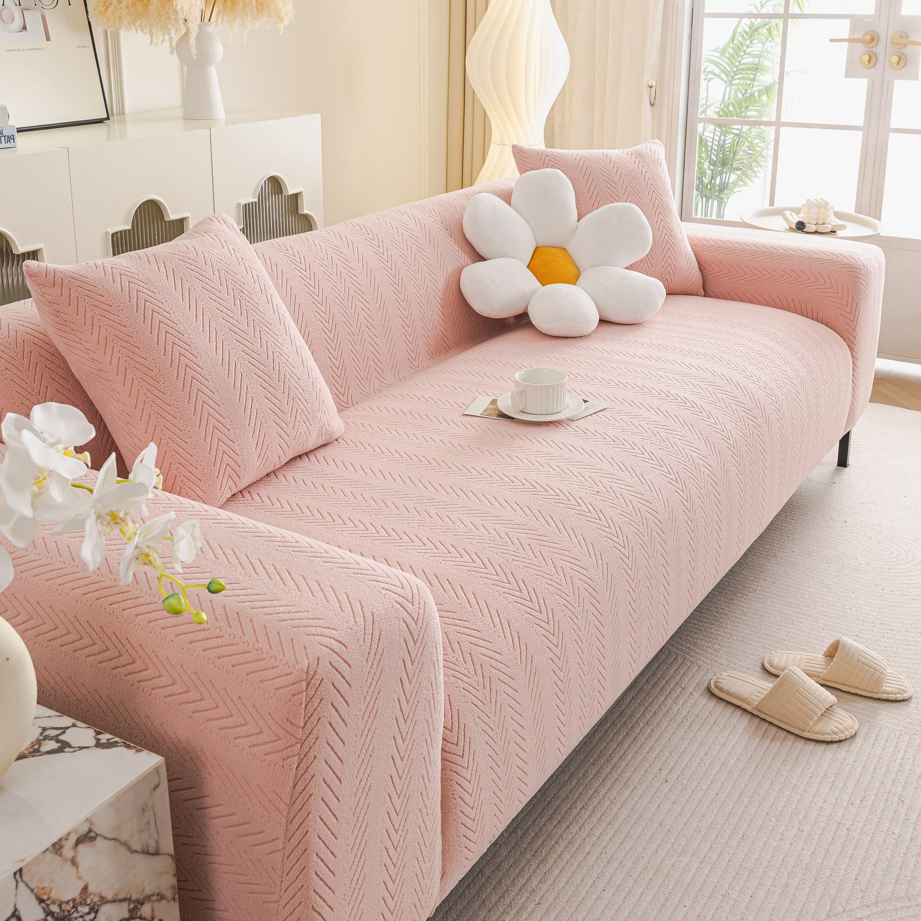 High Stretch Herringbone Textured Slipcover for Standard & L-Shaped Sectional Couches