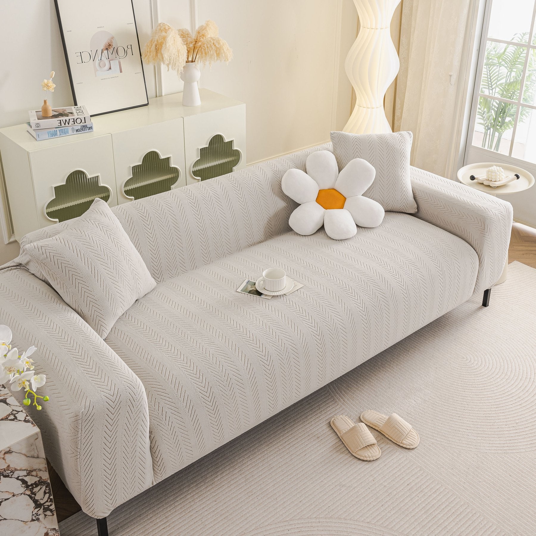 High Stretch Herringbone Textured Slipcover for Standard & L-Shaped Sectional Couches