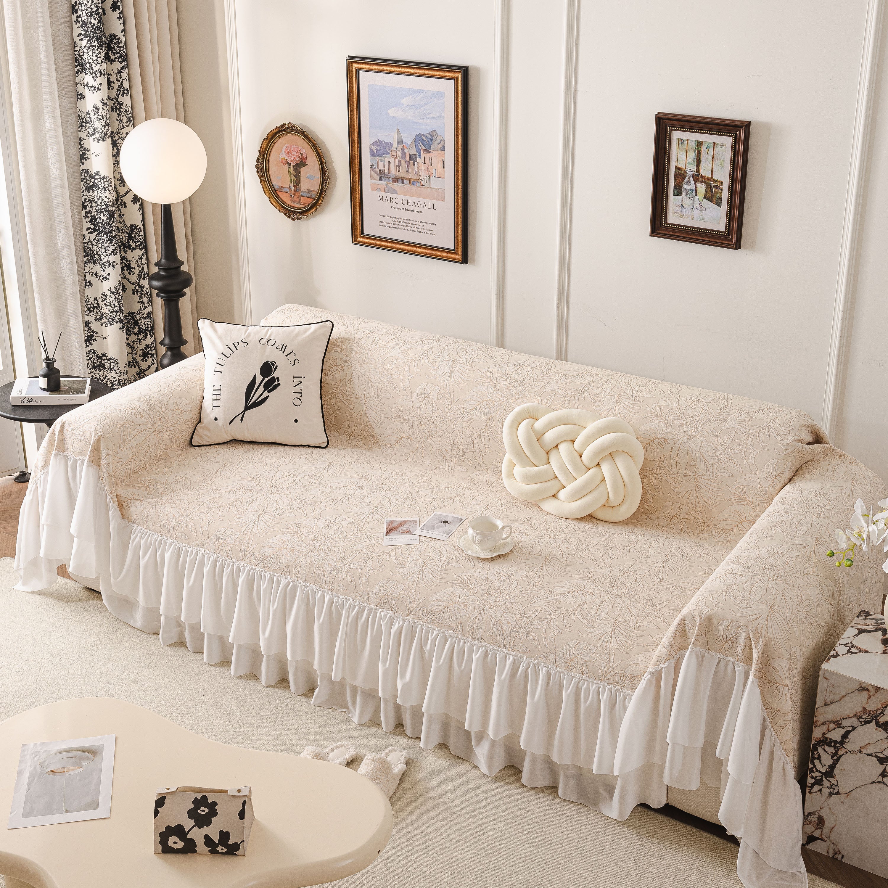 French Chic Style Ruffle Floral Cover Throws for Sofas, Decorative Couch Covers