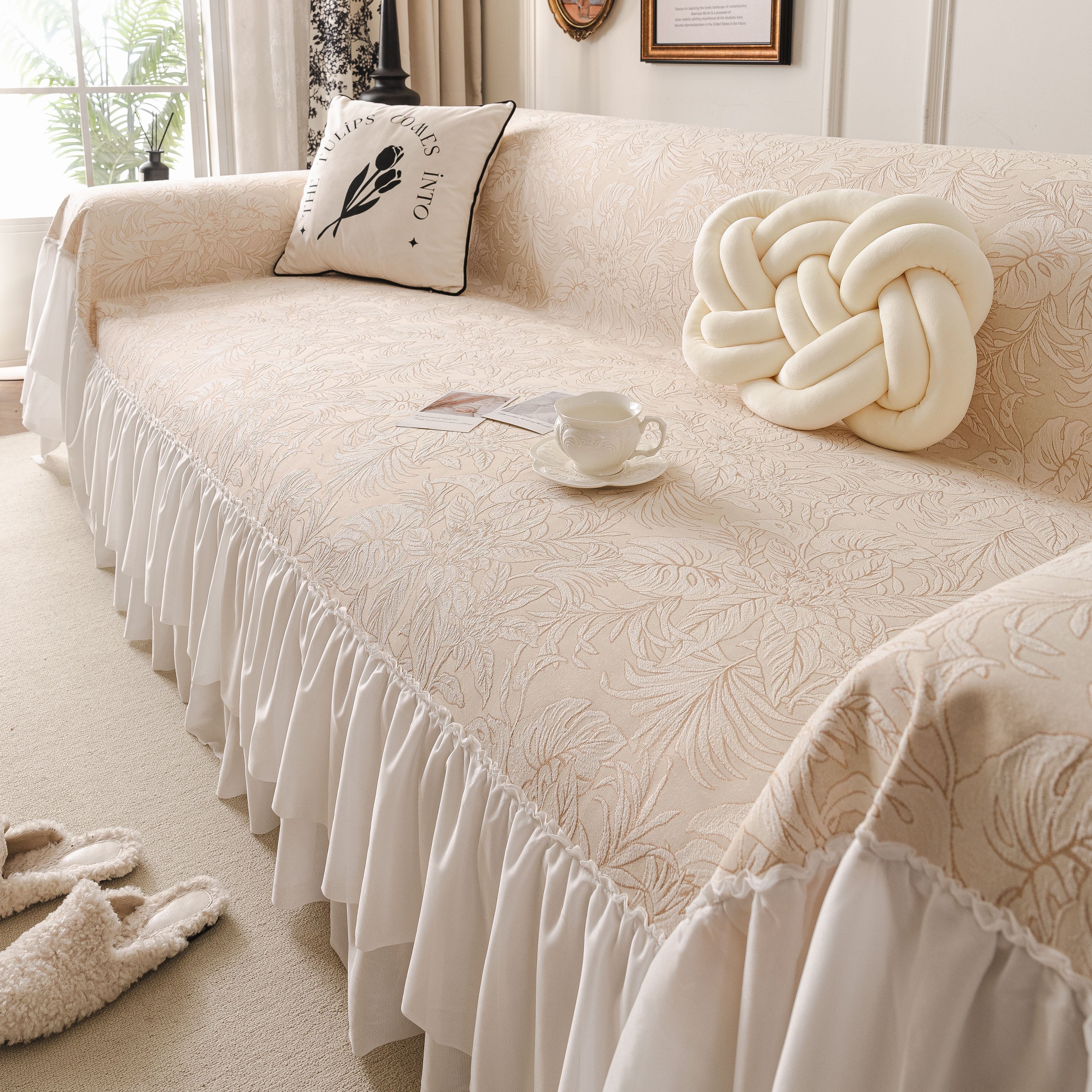 French Chic Style Ruffle Floral Cover Throws for Sofas, Decorative Couch Covers