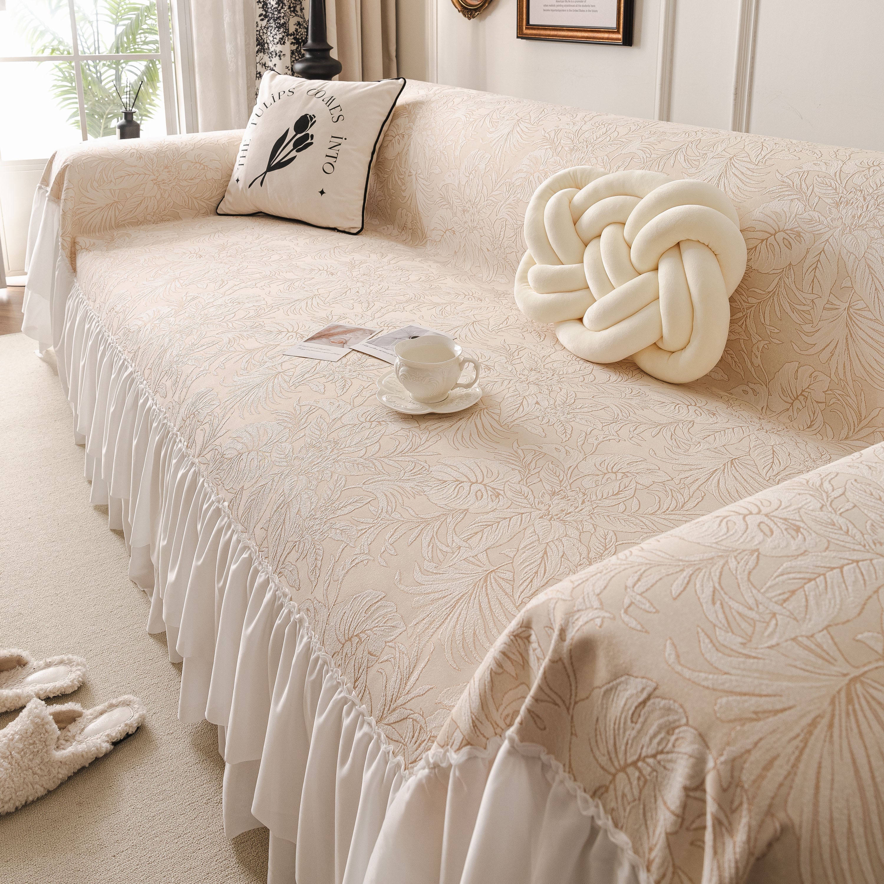 French Chic Style Ruffle Floral Cover Throws for Sofas, Decorative Couch Covers