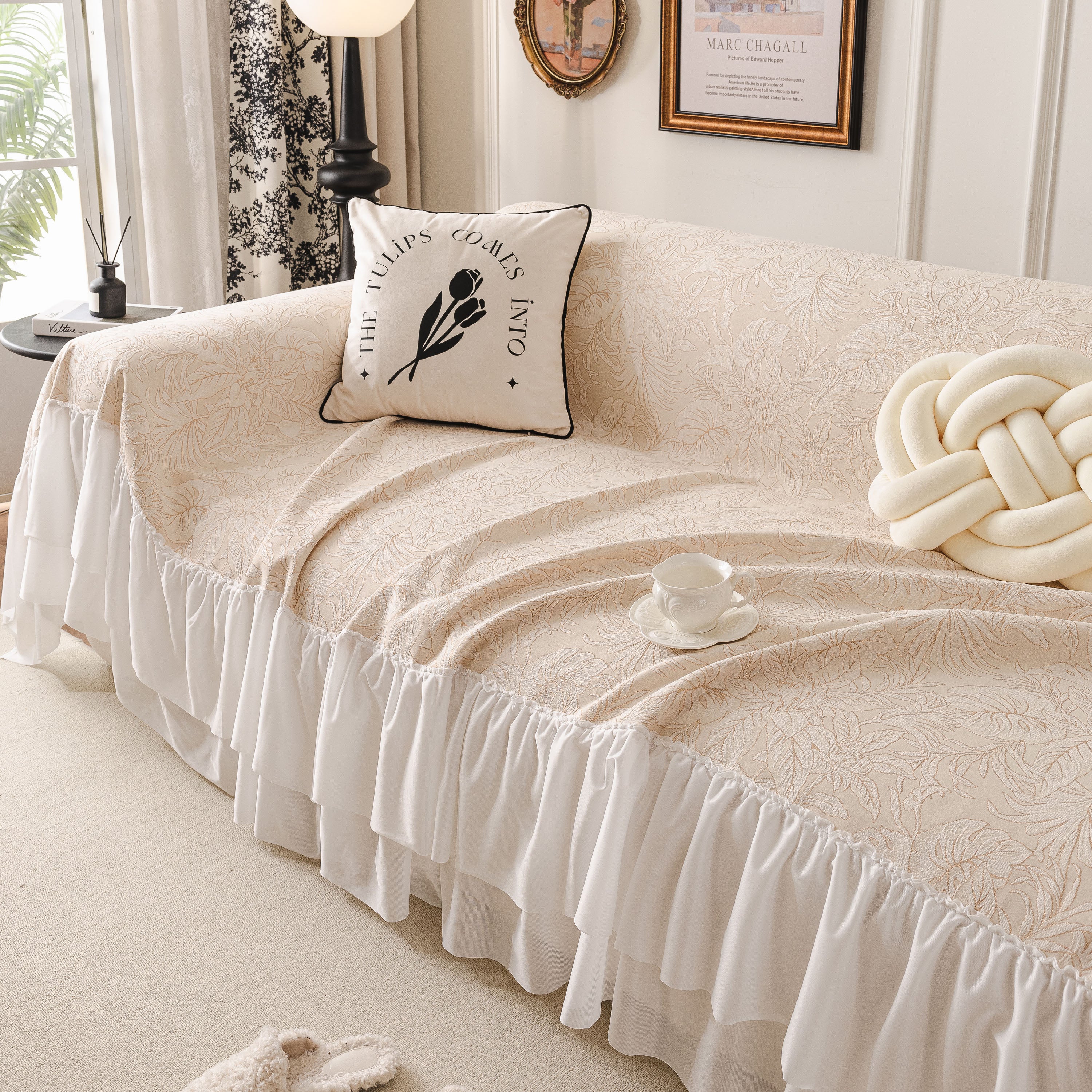 French Chic Style Ruffle Floral Cover Throws for Sofas, Decorative Couch Covers