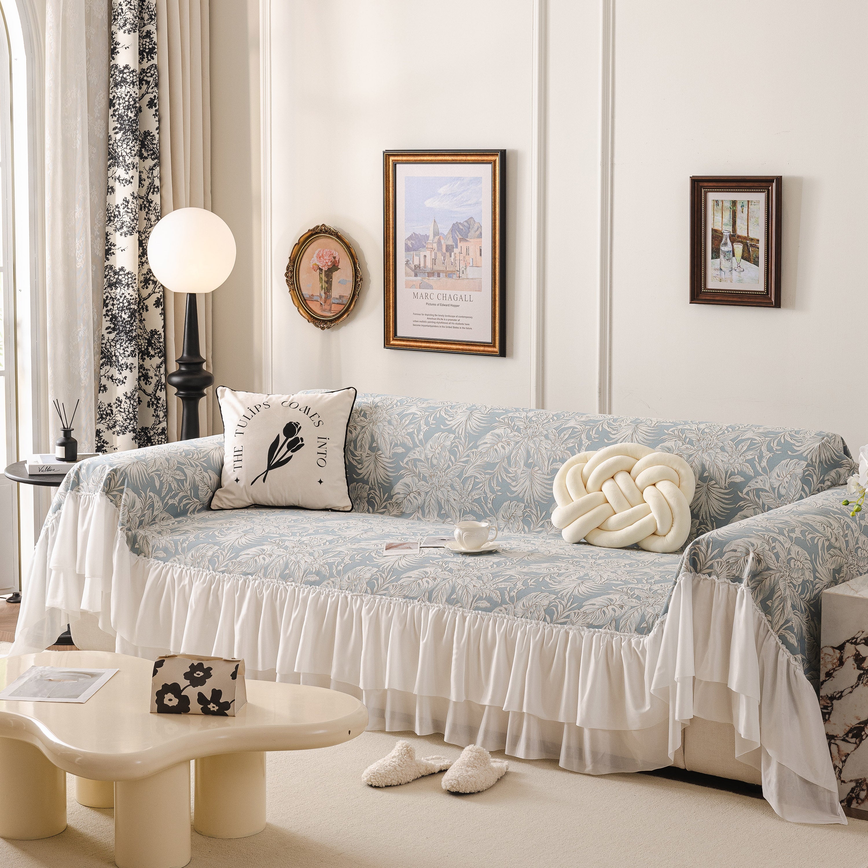 French Chic Style Ruffle Floral Cover Throws for Sofas, Decorative Couch Covers