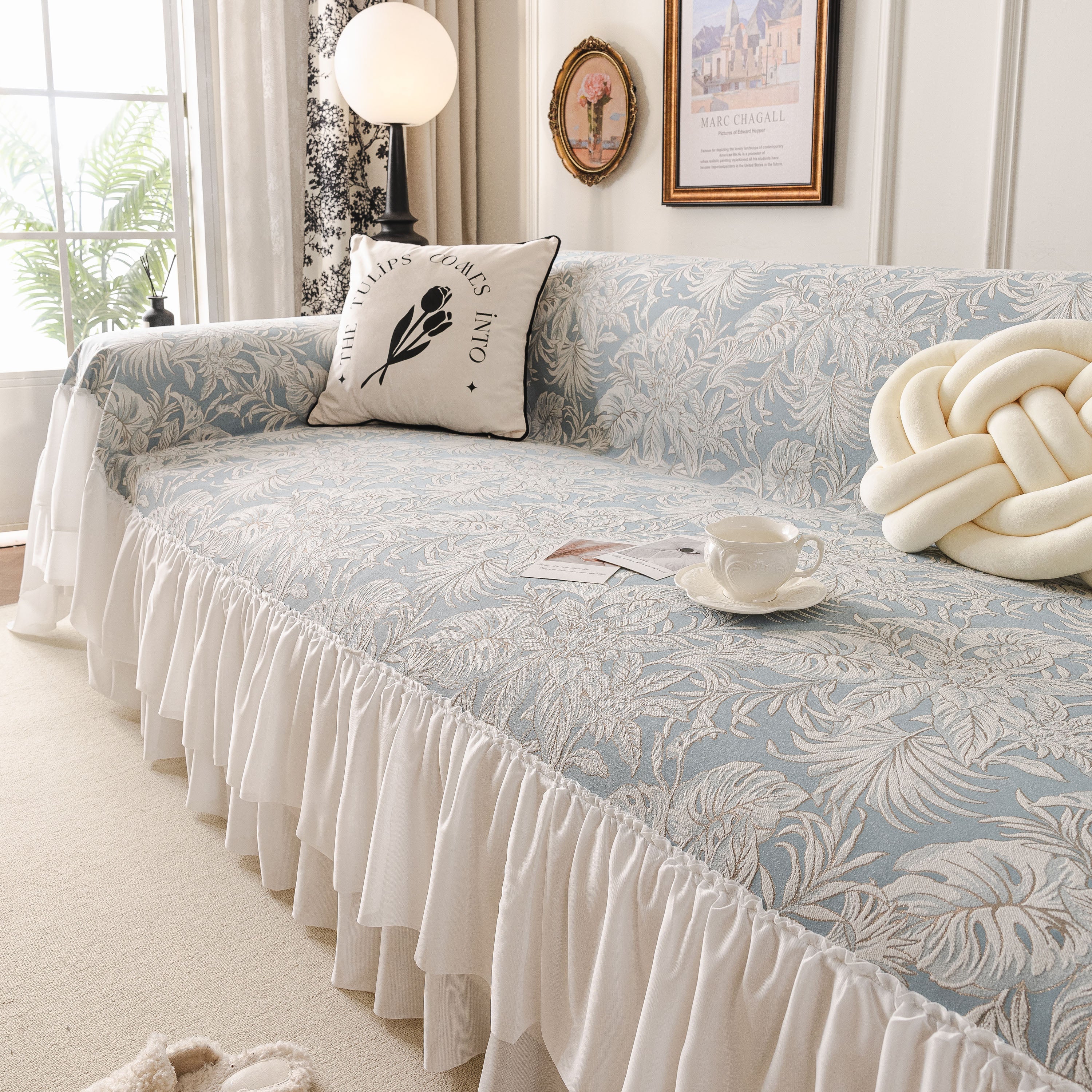 French Chic Style Ruffle Floral Cover Throws for Sofas, Decorative Couch Covers