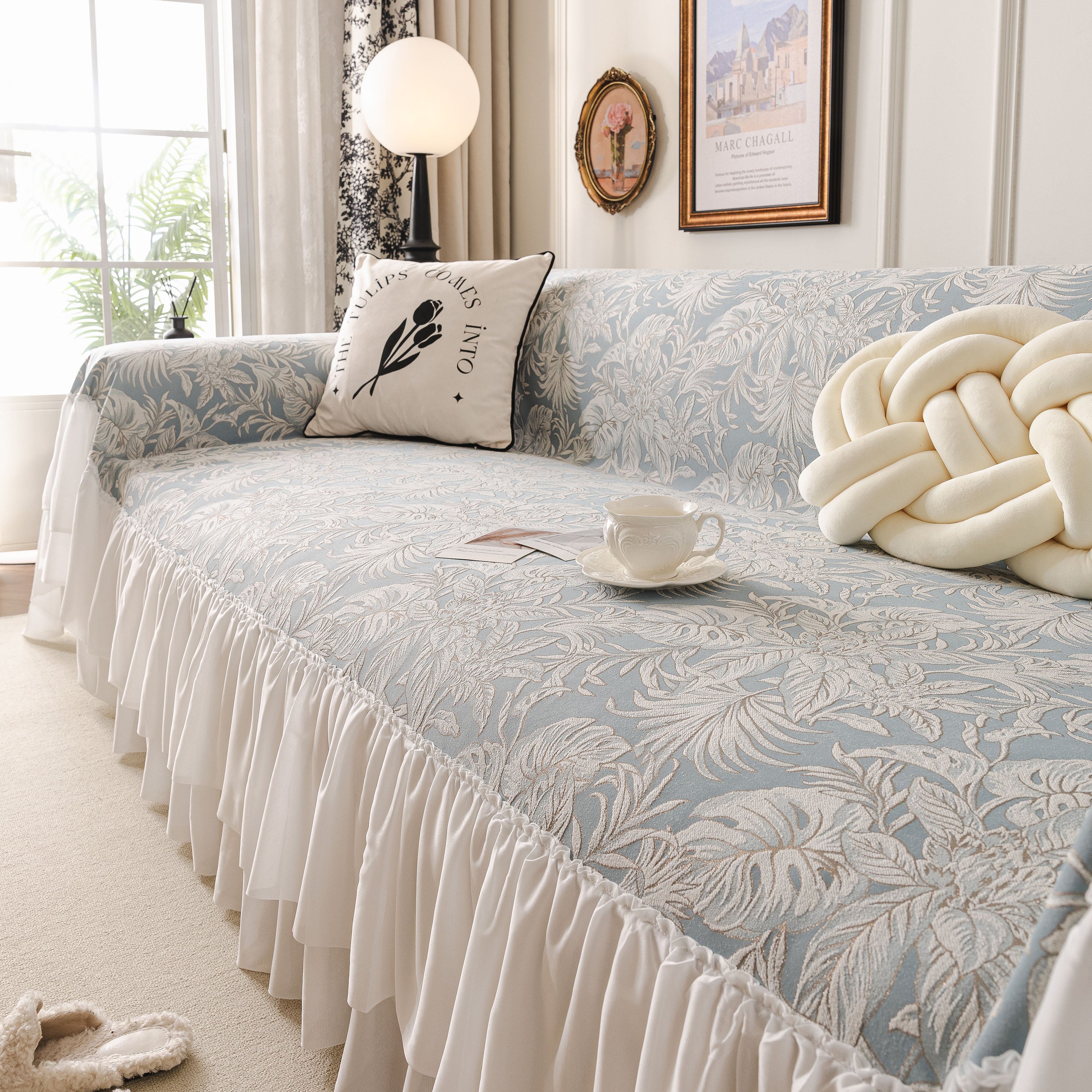 French Chic Style Ruffle Floral Cover Throws for Sofas, Decorative Couch Covers