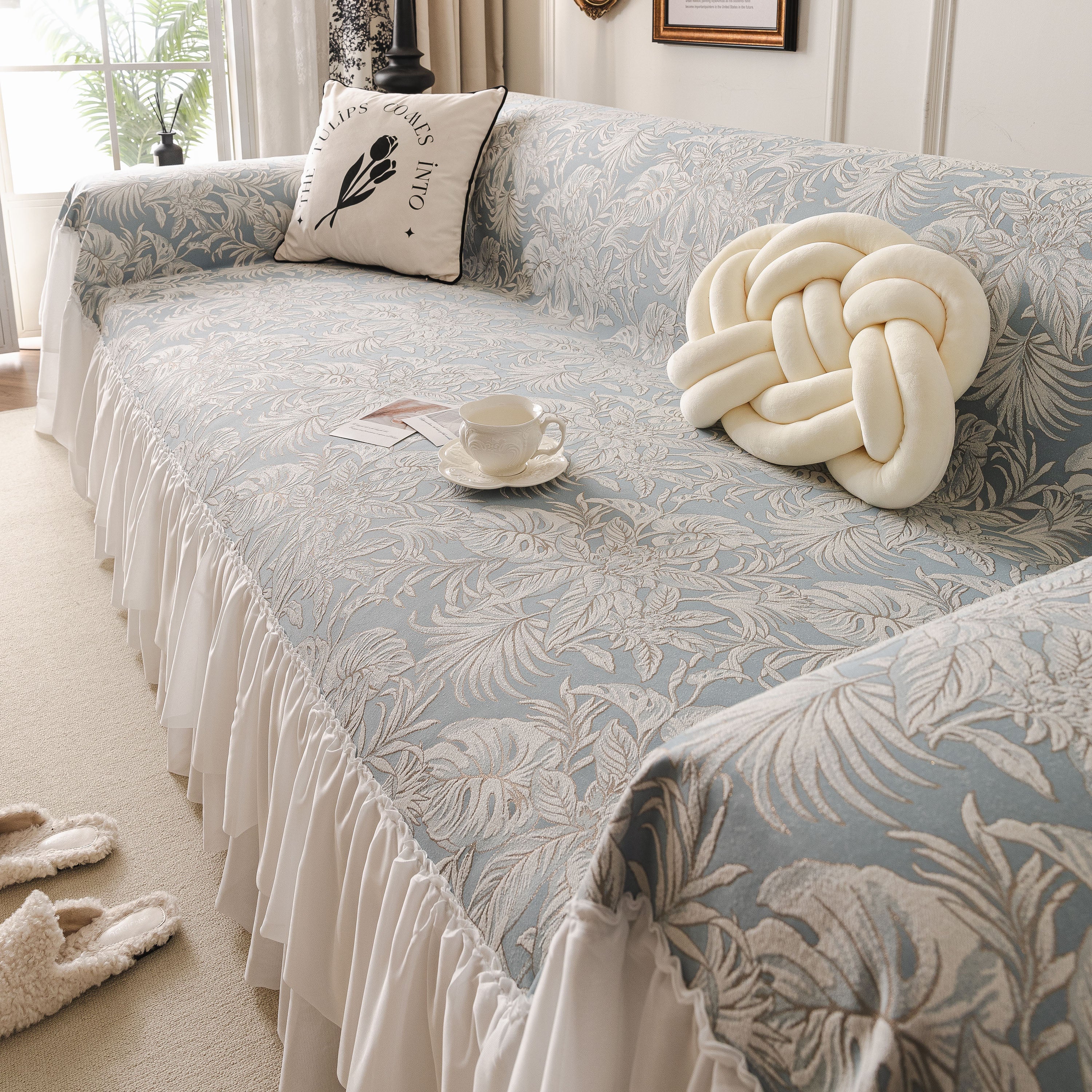 French Chic Style Ruffle Floral Cover Throws for Sofas, Decorative Couch Covers