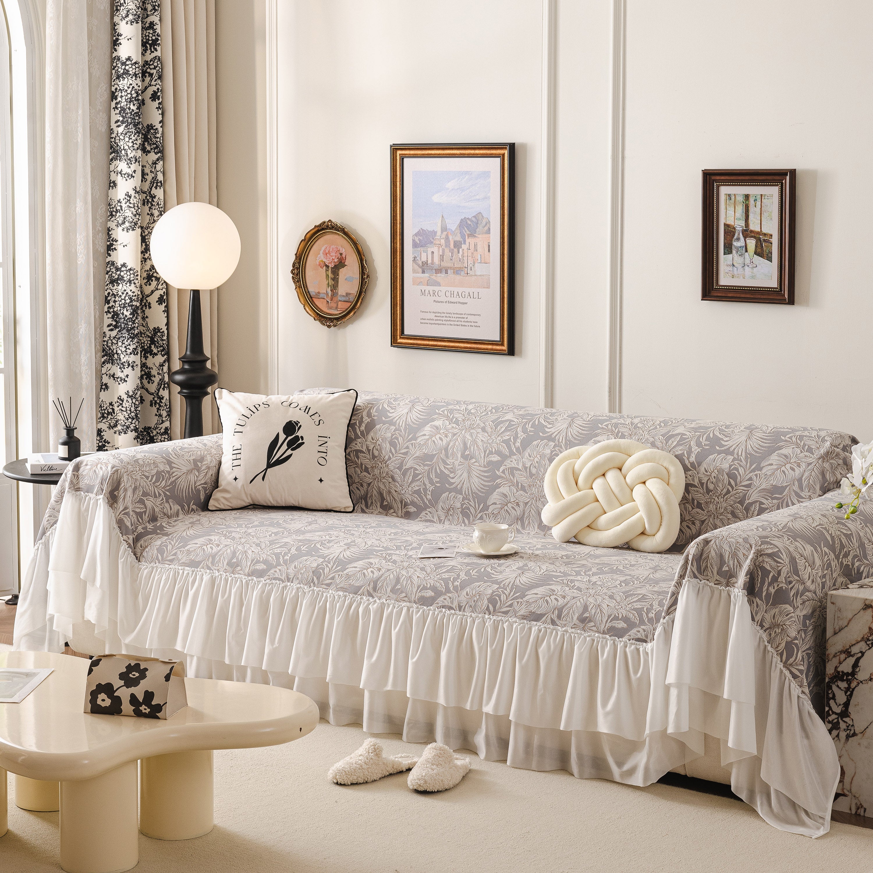 French Chic Style Ruffle Floral Cover Throws for Sofas, Decorative Couch Covers