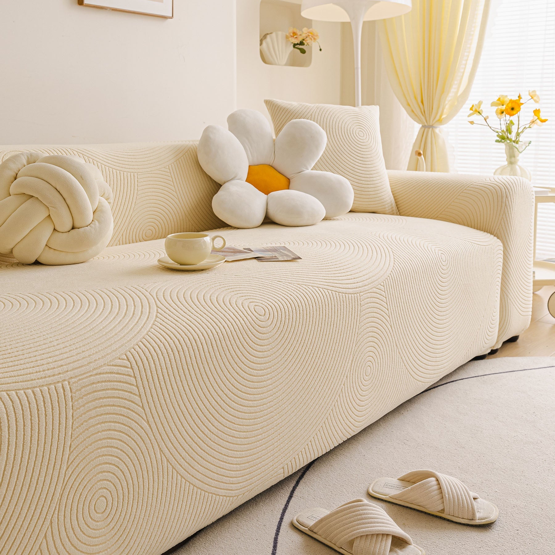 Elastic Stretch Sofa Cover Slipcover, Concentric Circle Jacquard Plush Couch Cover