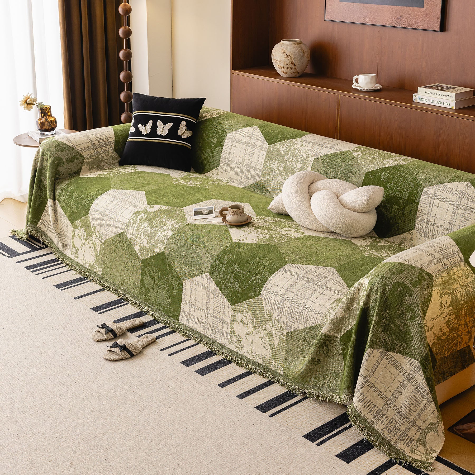Vintage Patchwork Color Block Couch Cover, Boho Eclectic Sofa Cover Throw Blanket