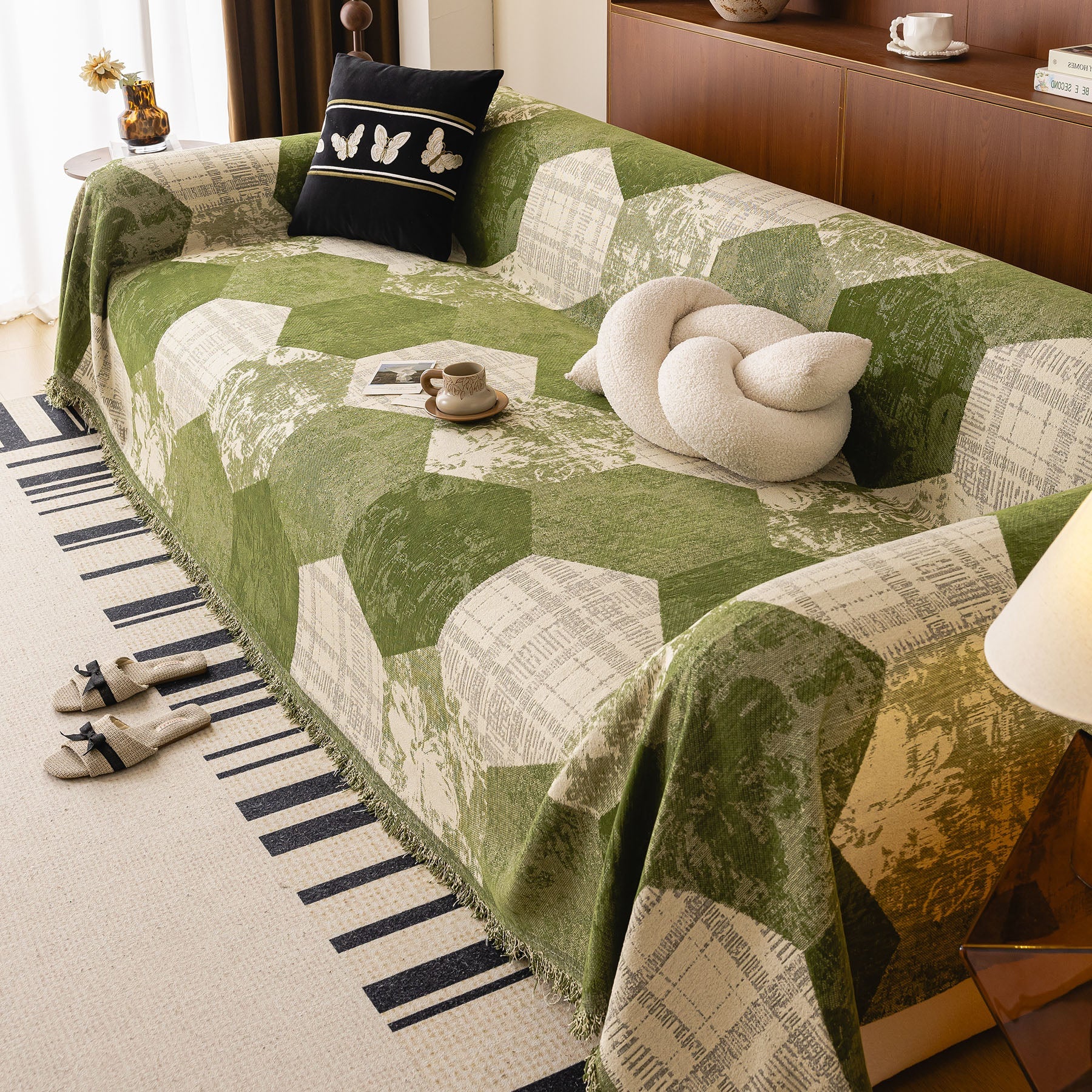 Vintage Patchwork Color Block Couch Cover, Boho Eclectic Sofa Cover Throw Blanket