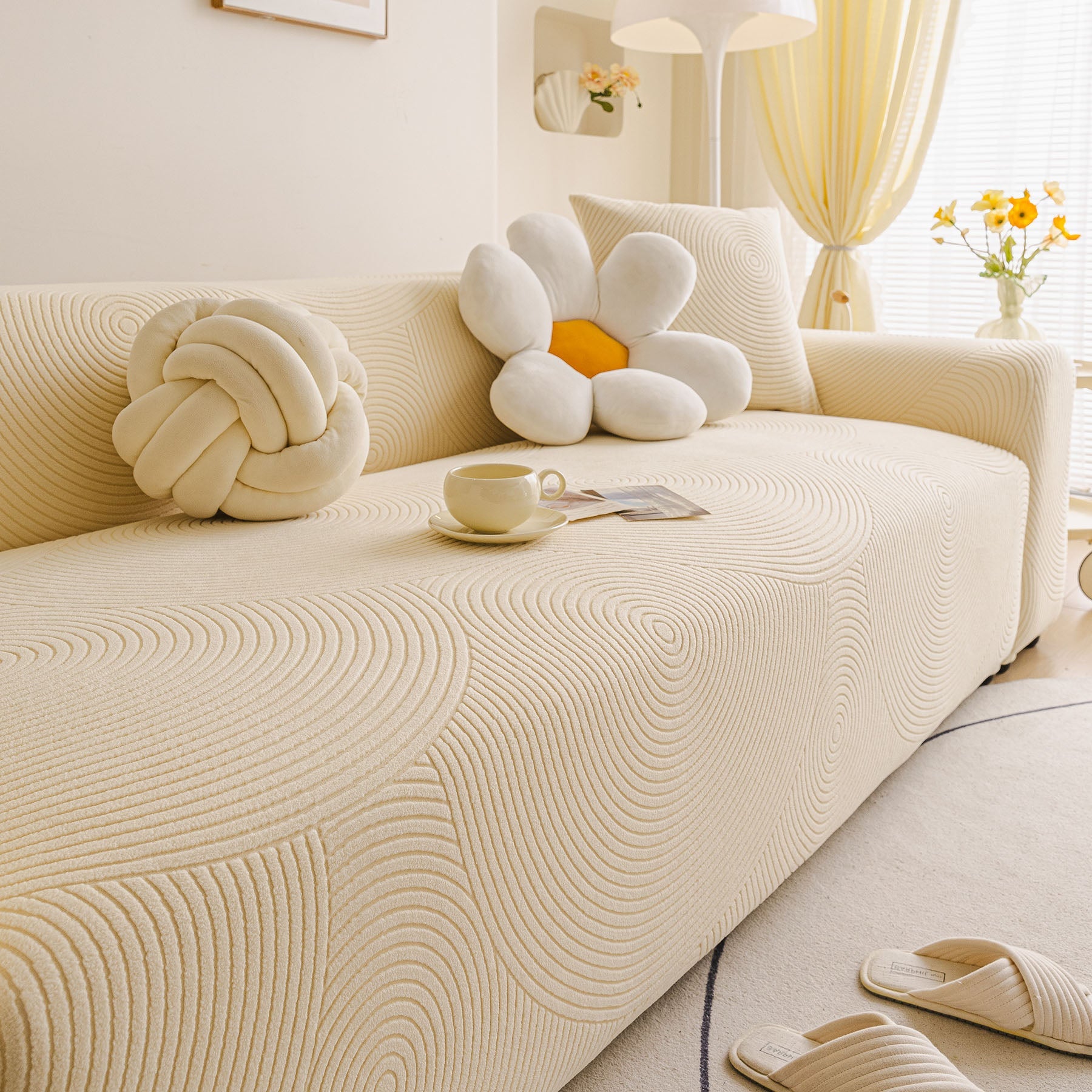 Elastic Stretch Sofa Cover Slipcover, Concentric Circle Jacquard Plush Couch Cover