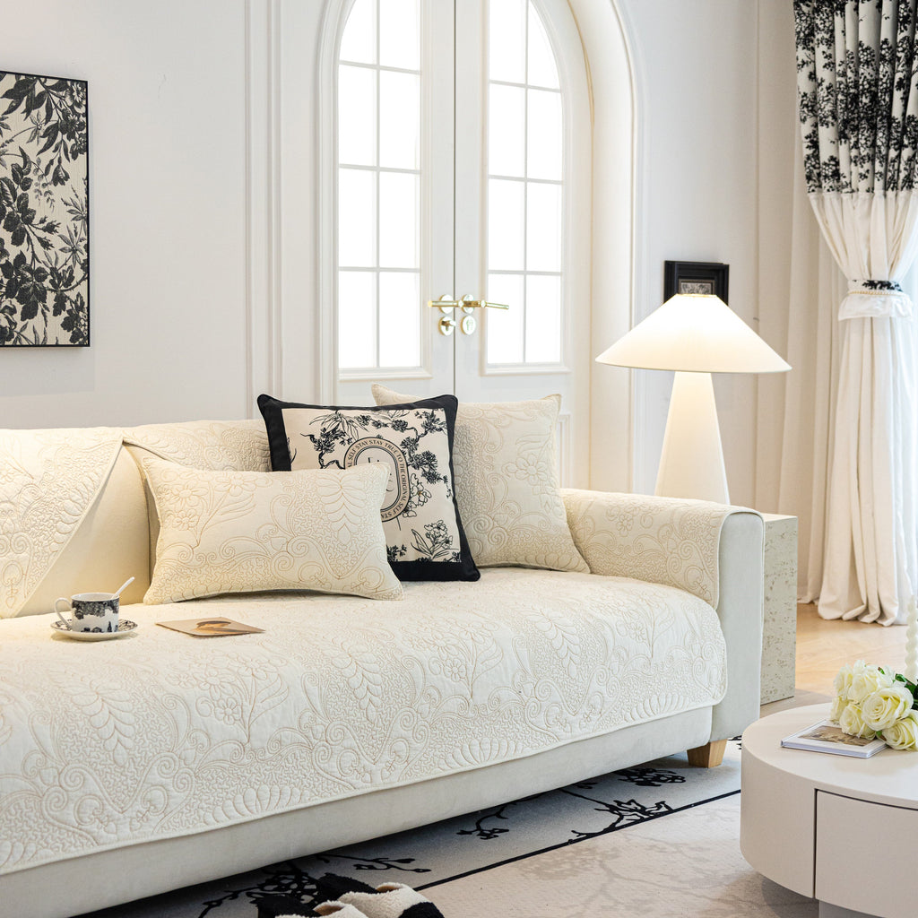 Baroque Floral Quilted Cotton Sofa Cover, Non-Slip Washable Couch Protector