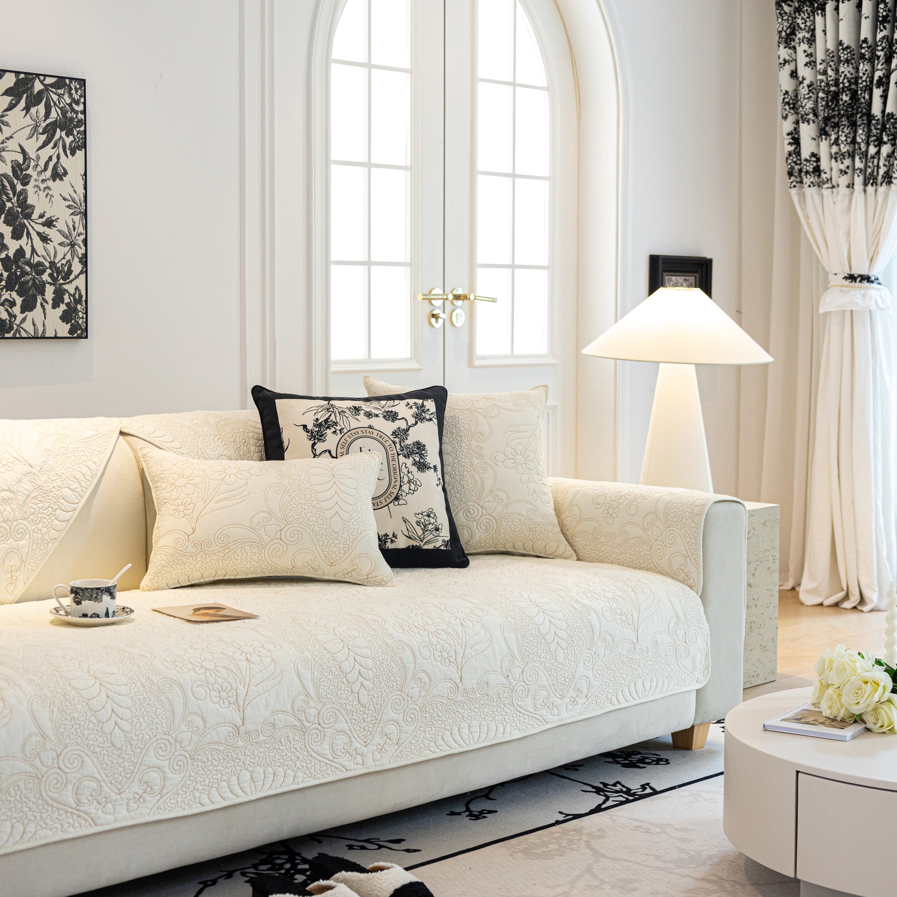 Baroque Floral Quilted Cotton Sofa Cover, Non-Slip Washable Couch Protector