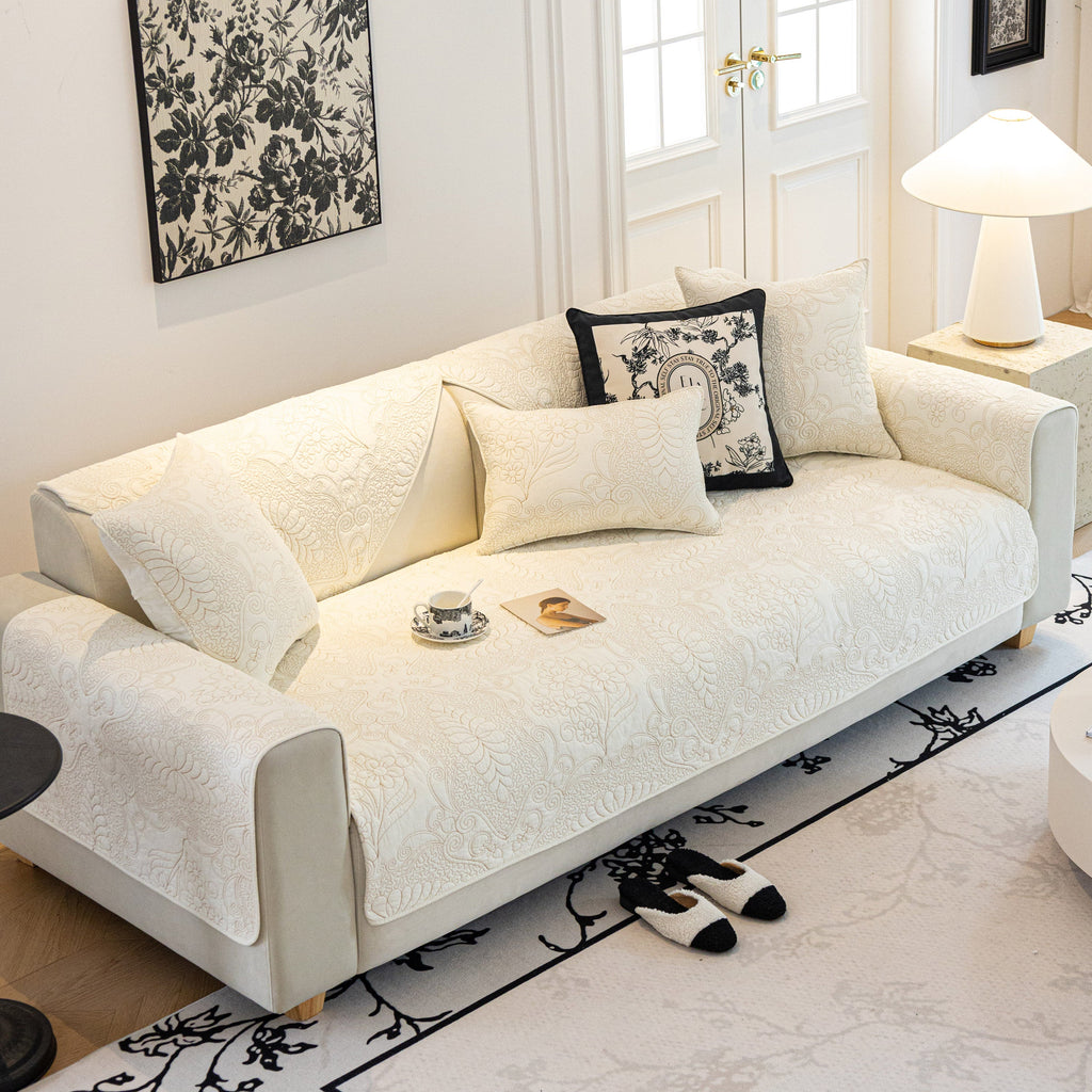 Baroque Floral Quilted Cotton Sofa Cover, Non-Slip Washable Couch Protector