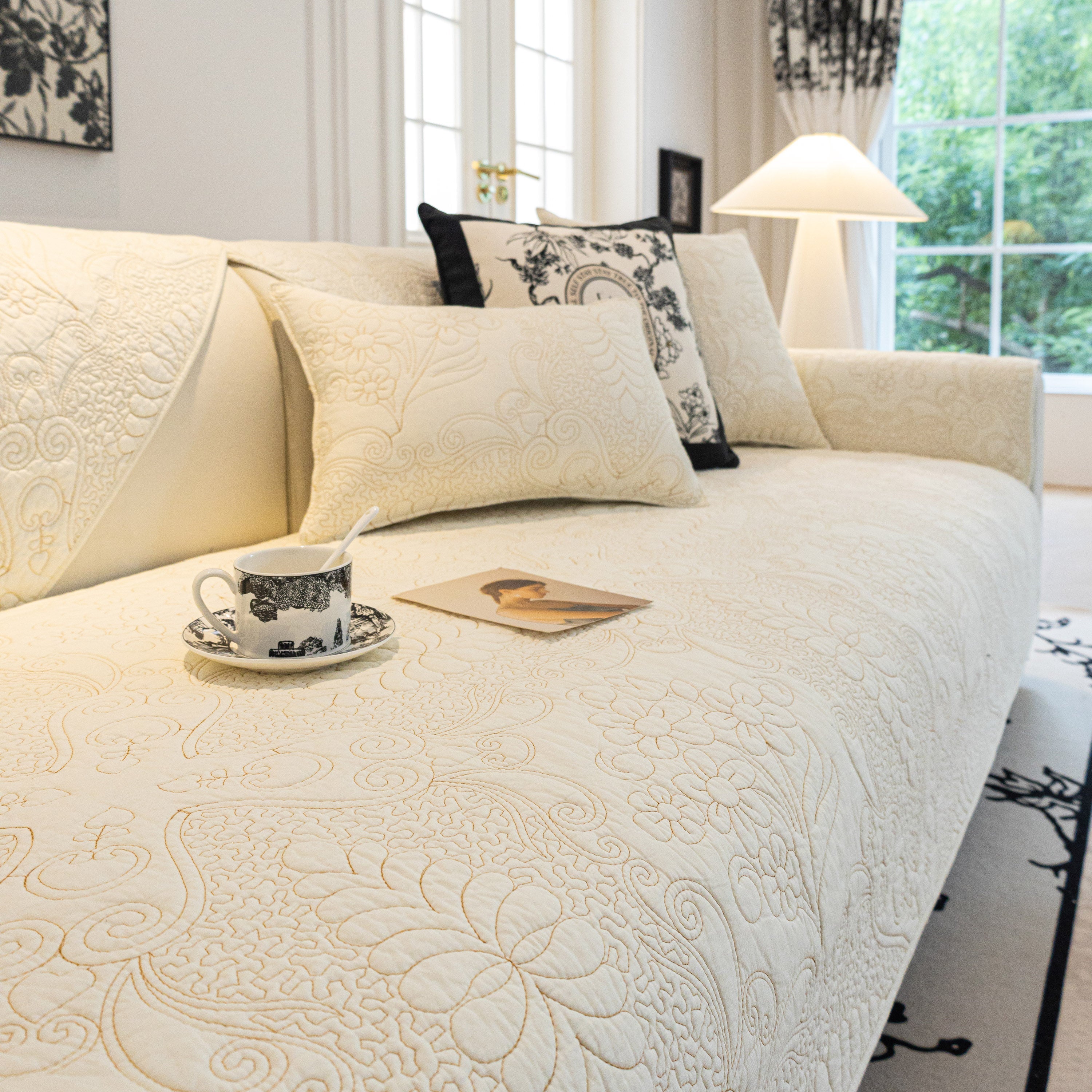 Baroque Floral Quilted Cotton Sofa Cover, Non-Slip Washable Couch Protector