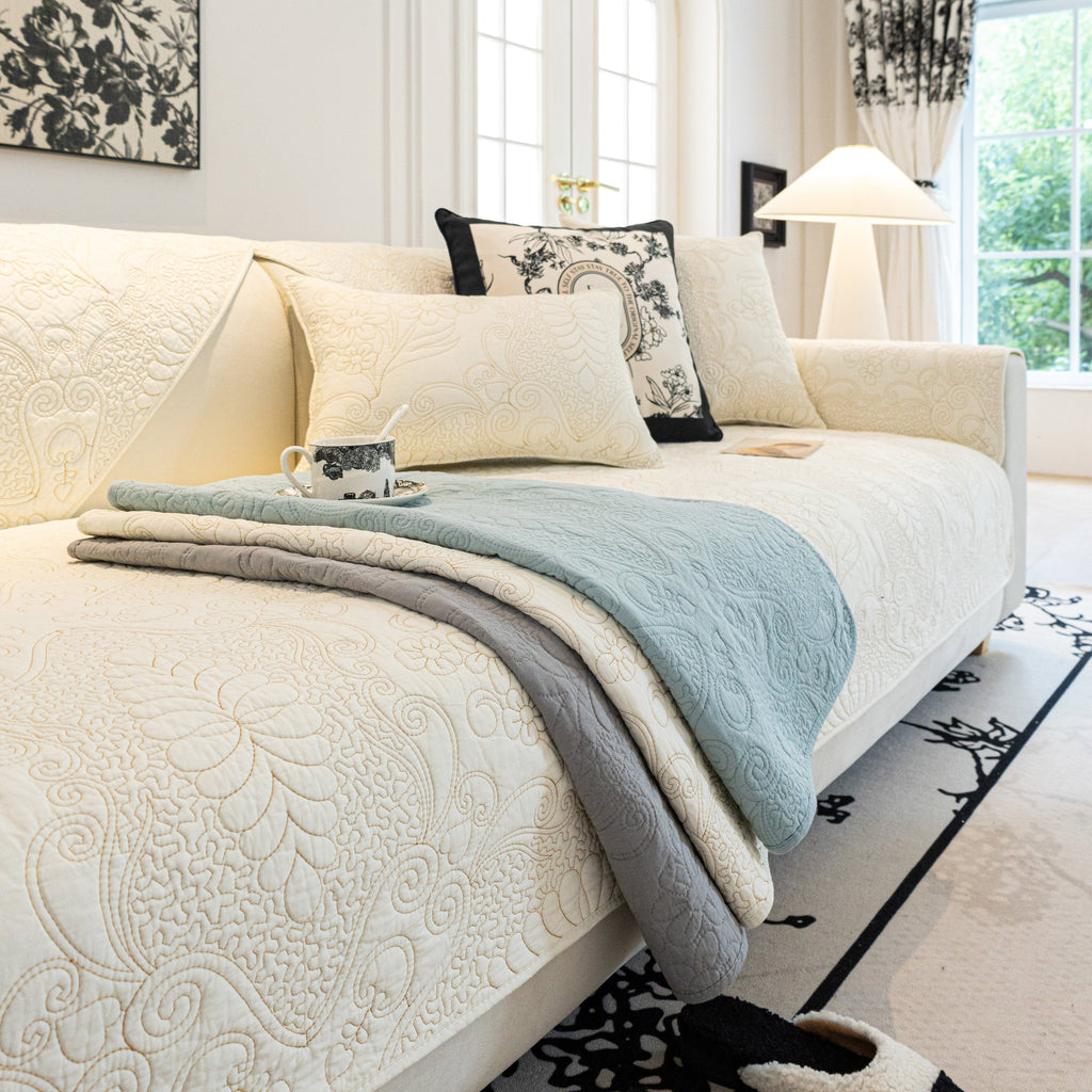 Baroque Floral Quilted Cotton Sofa Cover, Non-Slip Washable Couch Protector