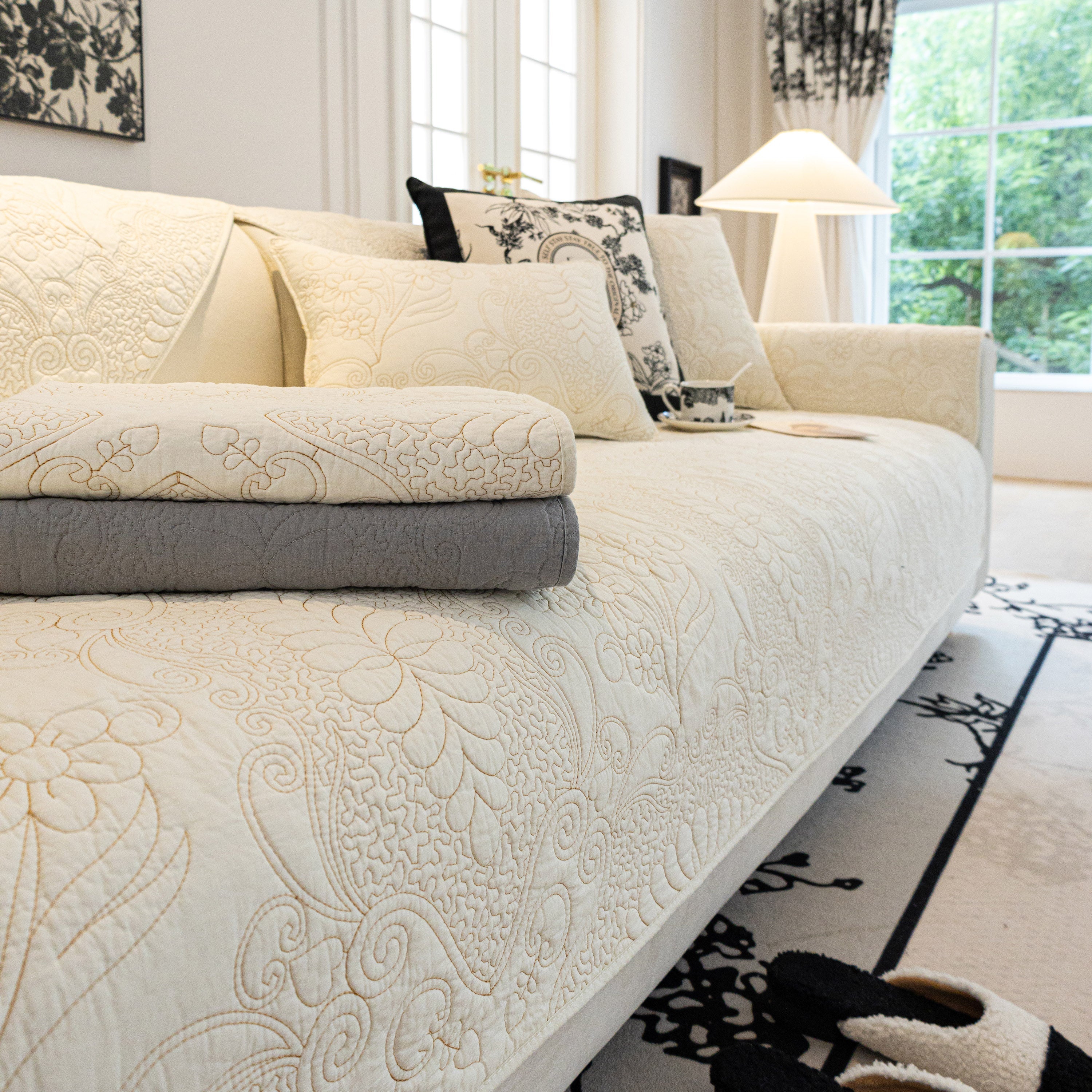 Baroque Floral Quilted Cotton Sofa Cover, Non-Slip Washable Couch Protector