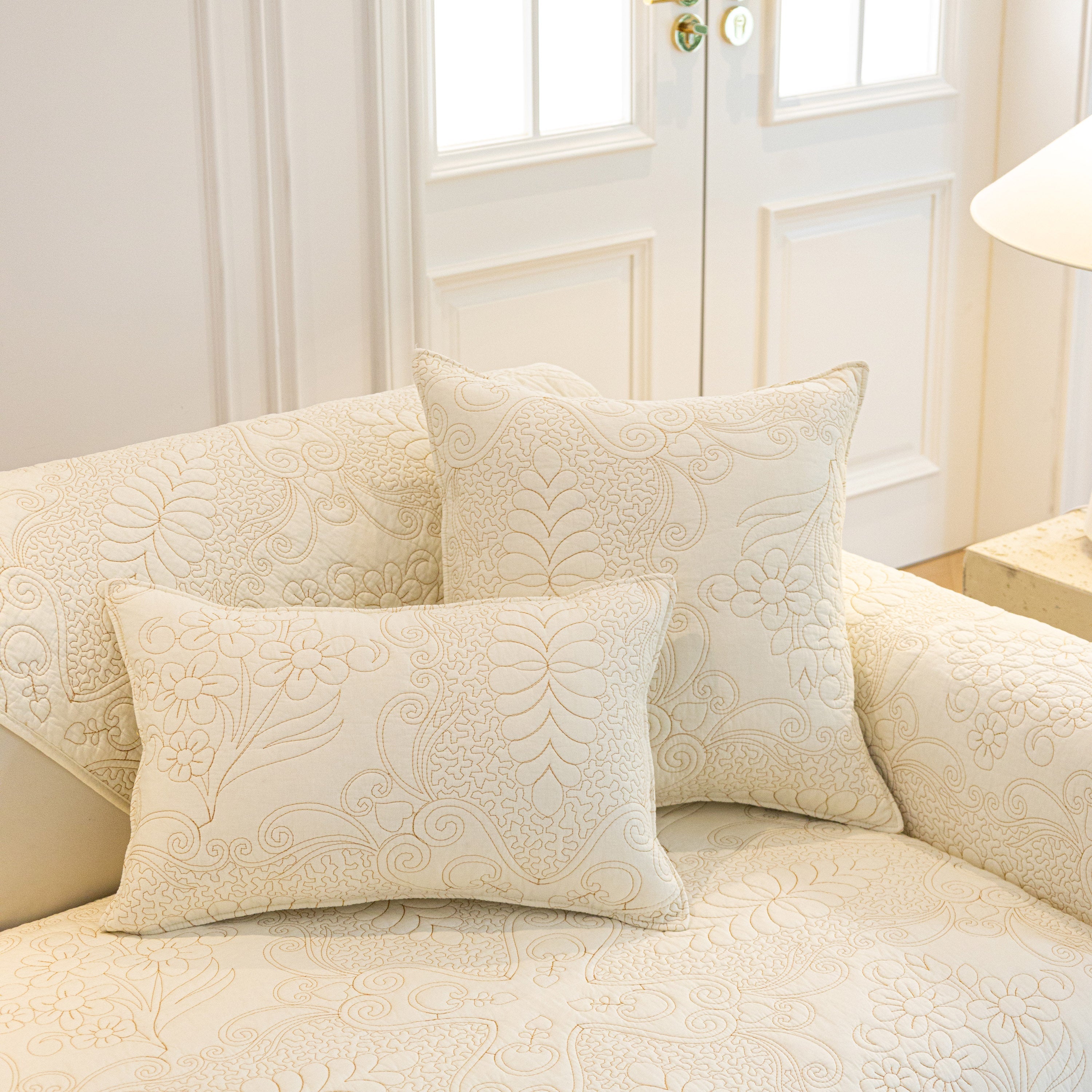 Baroque Floral Quilted Cotton Sofa Cover, Non-Slip Washable Couch Protector