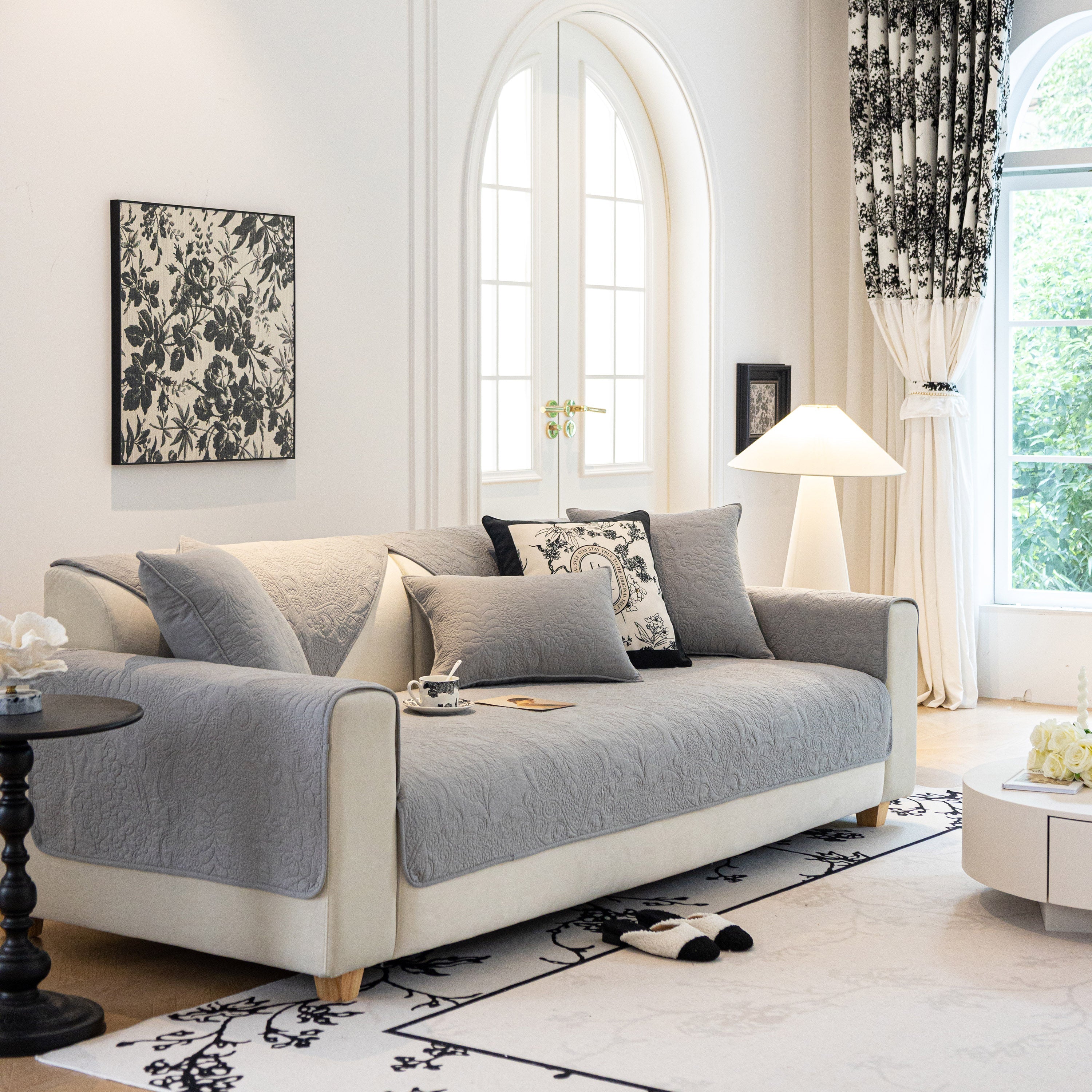 Baroque Floral Quilted Cotton Sofa Cover, Non-Slip Washable Couch Protector