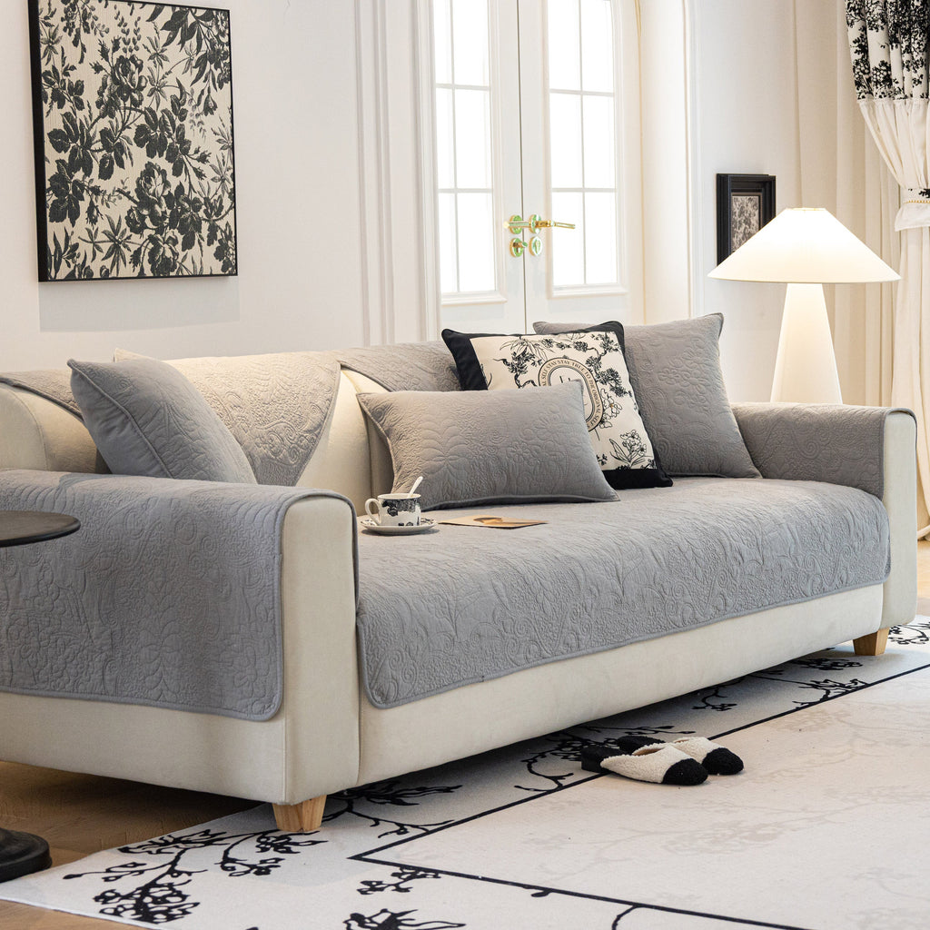 Baroque Floral Quilted Cotton Sofa Cover, Non-Slip Washable Couch Protector