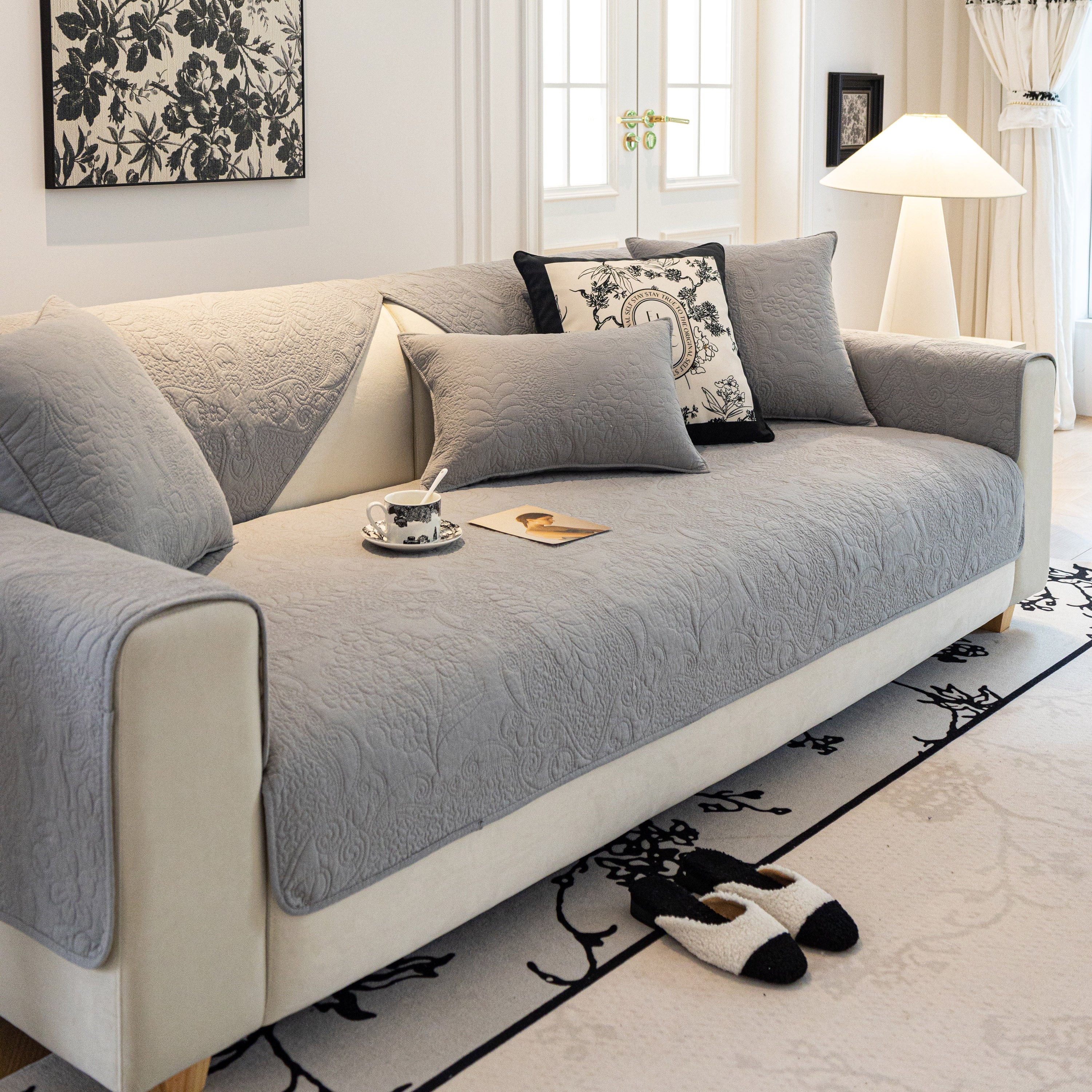 Baroque Floral Quilted Cotton Sofa Cover, Non-Slip Washable Couch Protector