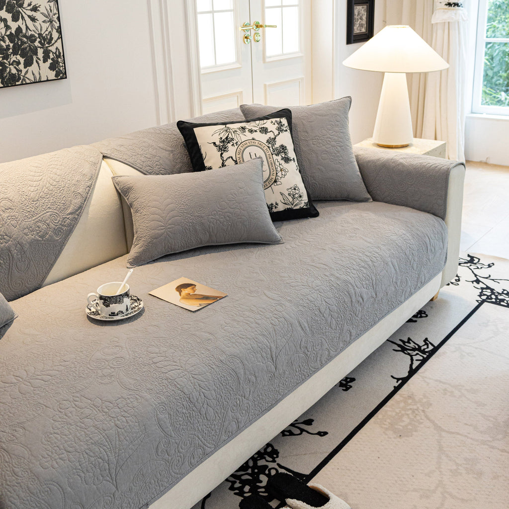 Baroque Floral Quilted Cotton Sofa Cover, Non-Slip Washable Couch Protector